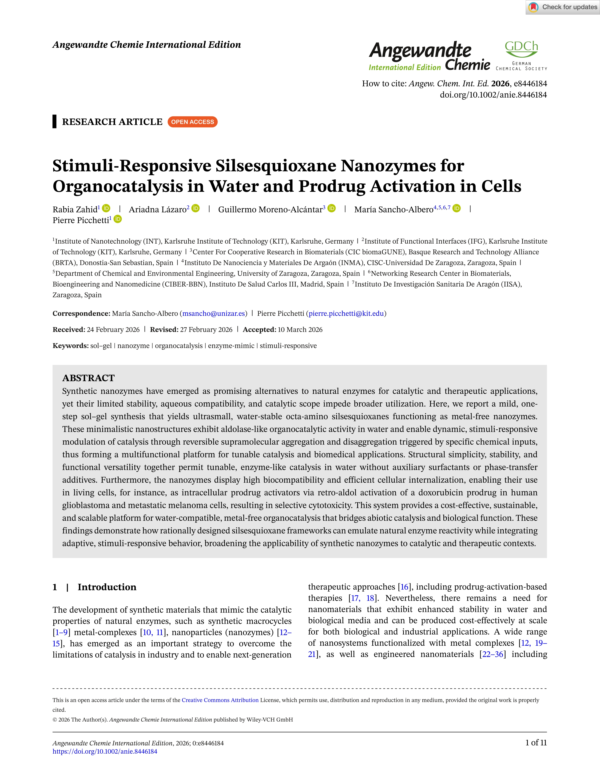 Stimuli‐responsive silsesquioxane nanozymes for organocatalysis in water and prodrug activation in cells