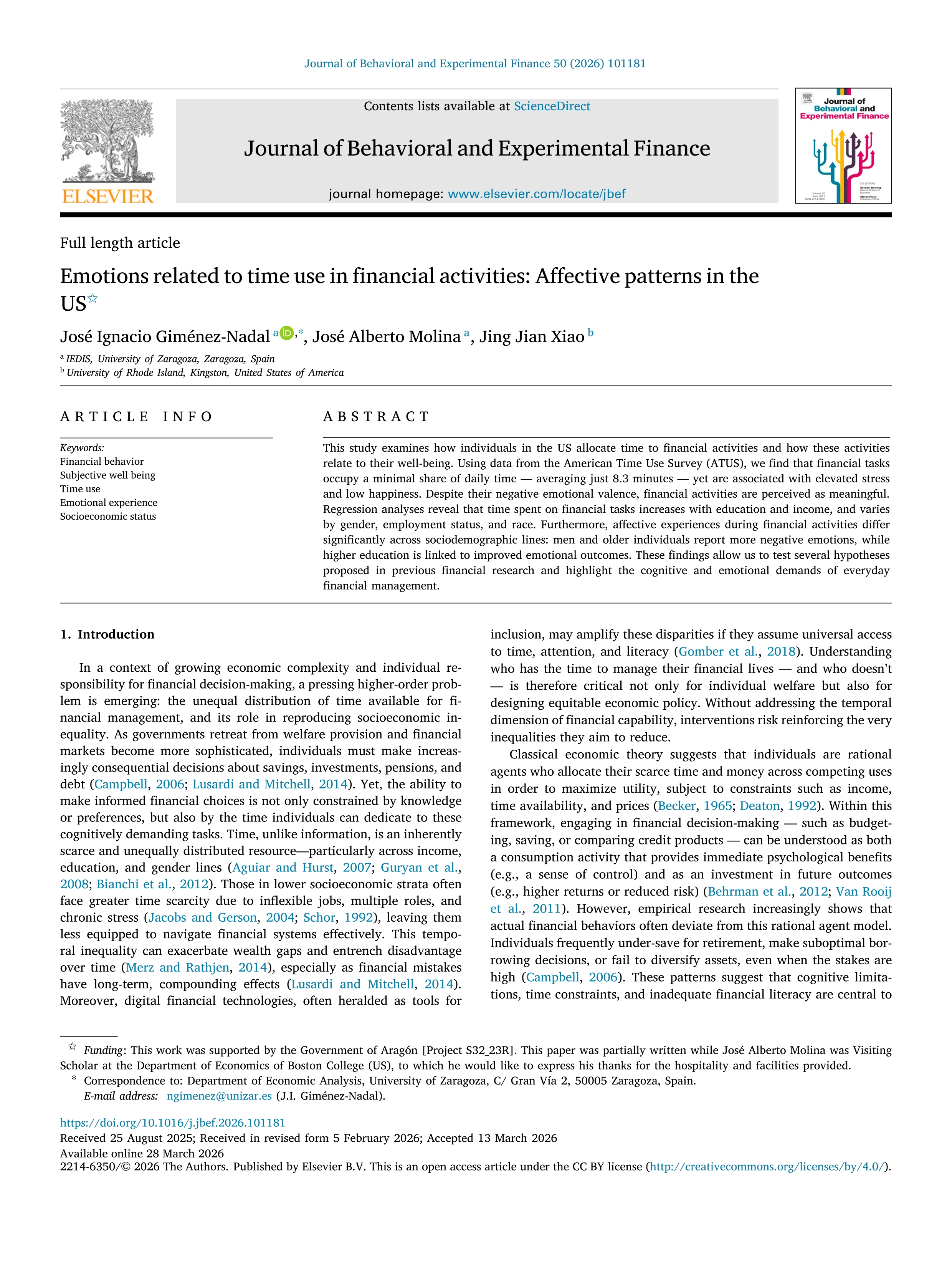 Emotions related to time use in financial activities: Affective patterns in the US