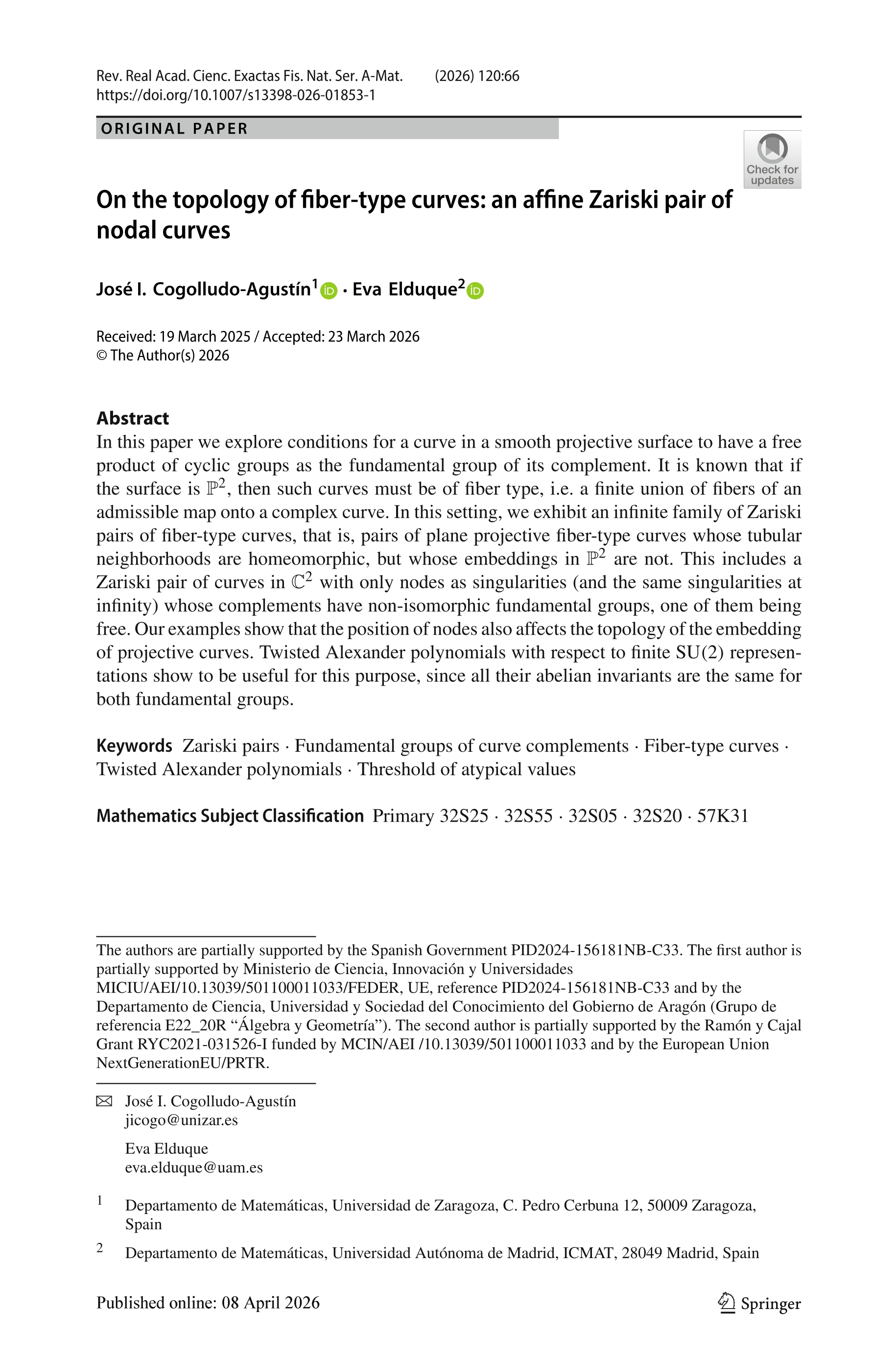 On the topology of fiber-type curves: an affine Zariski pair of nodal curves