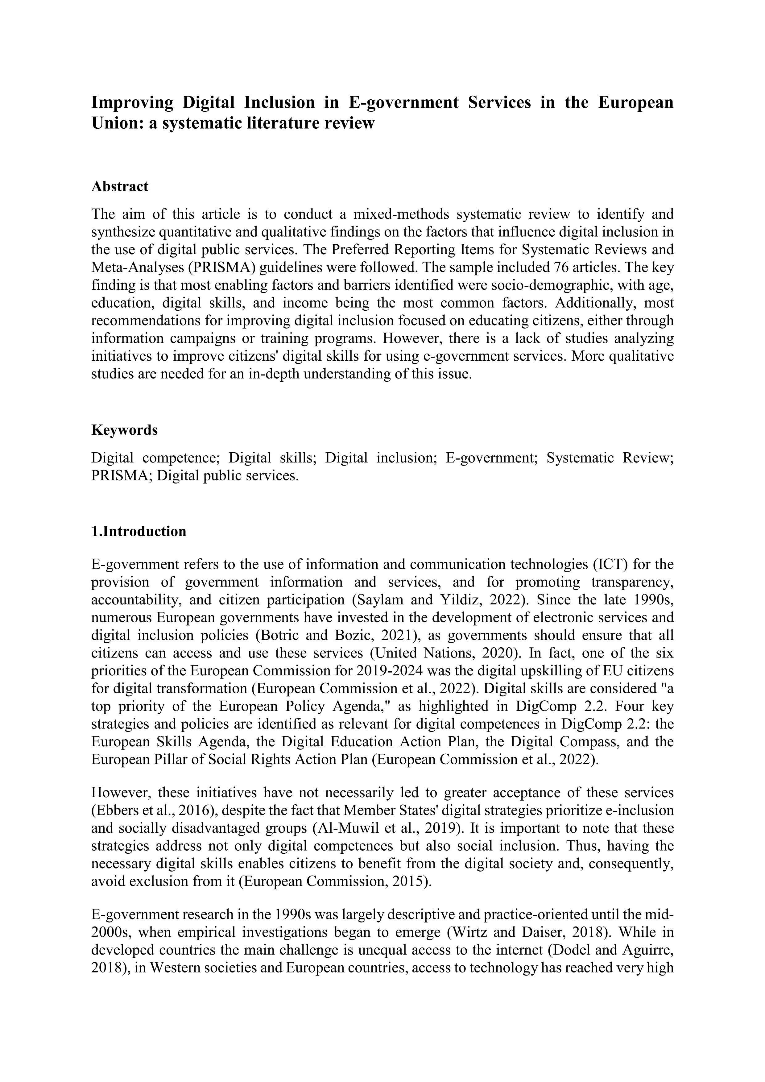 Improving digital inclusion in e-government services in the European Union: A systematic literature review