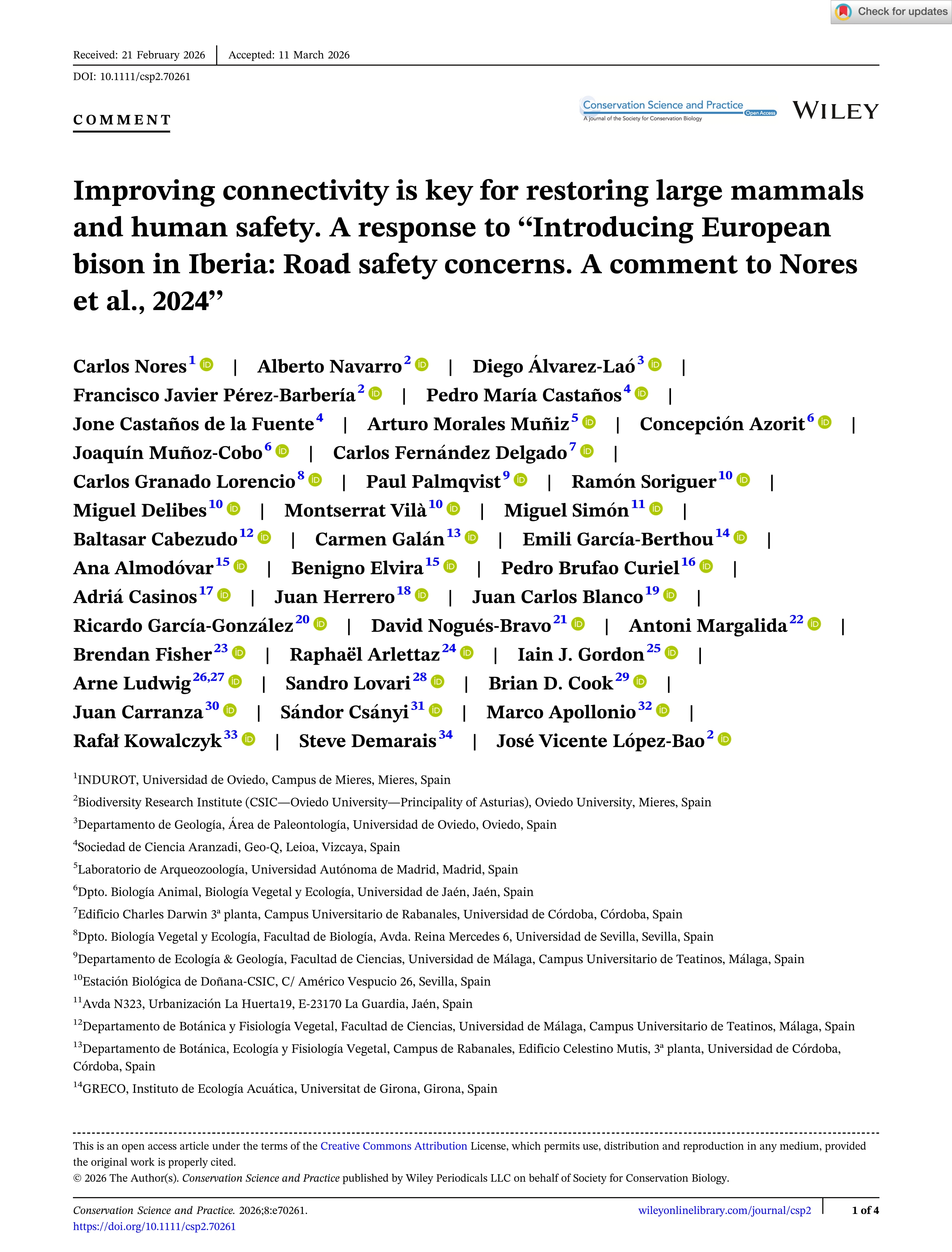 Improving connectivity is key for restoring large mammals and human safety. A response to “Introducing European bison in Iberia: Road safety concerns. A comment to Nores et al., 2024”