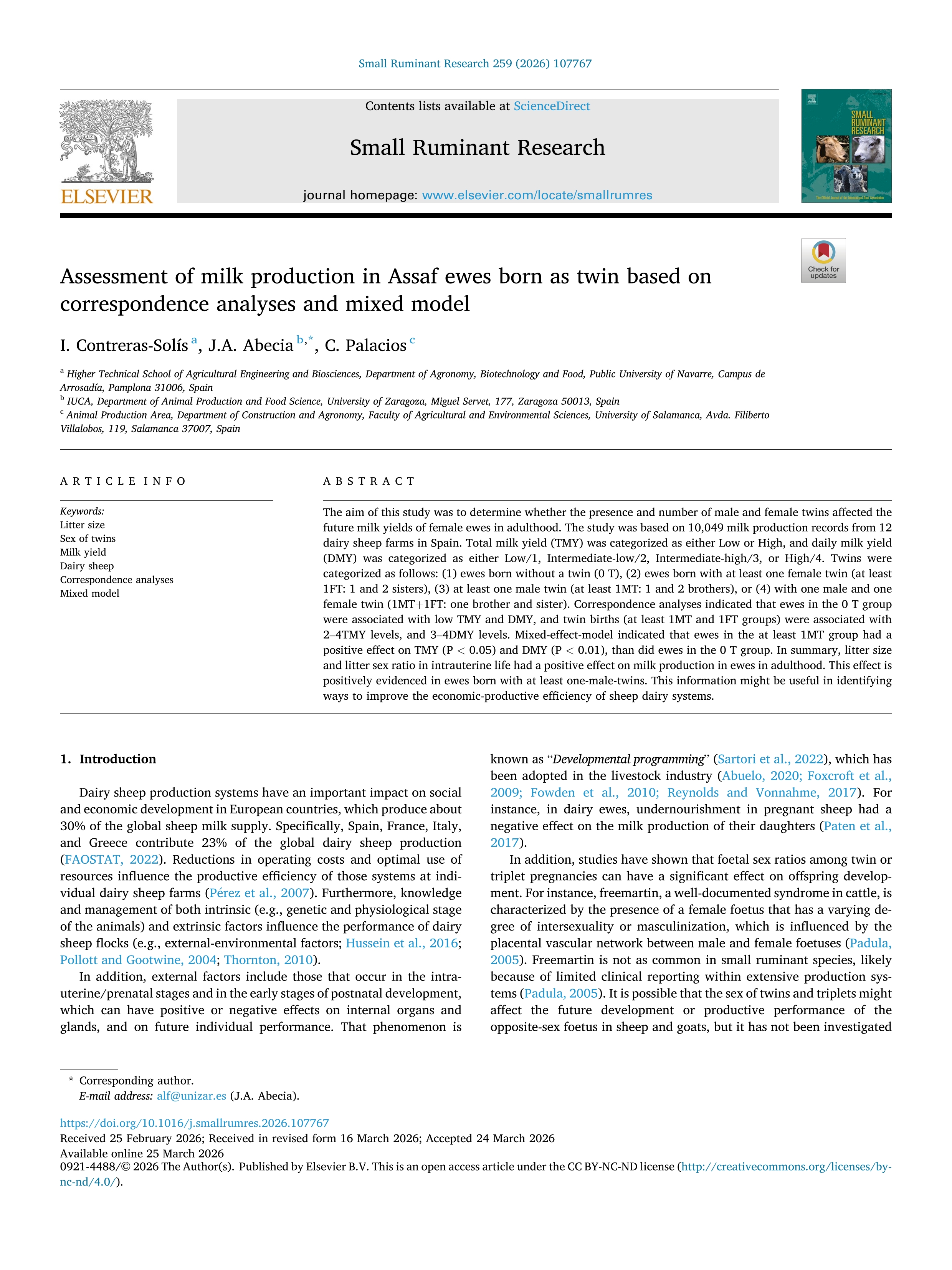 Assessment of milk production in Assaf ewes born as twin based on correspondence analyses and mixed model