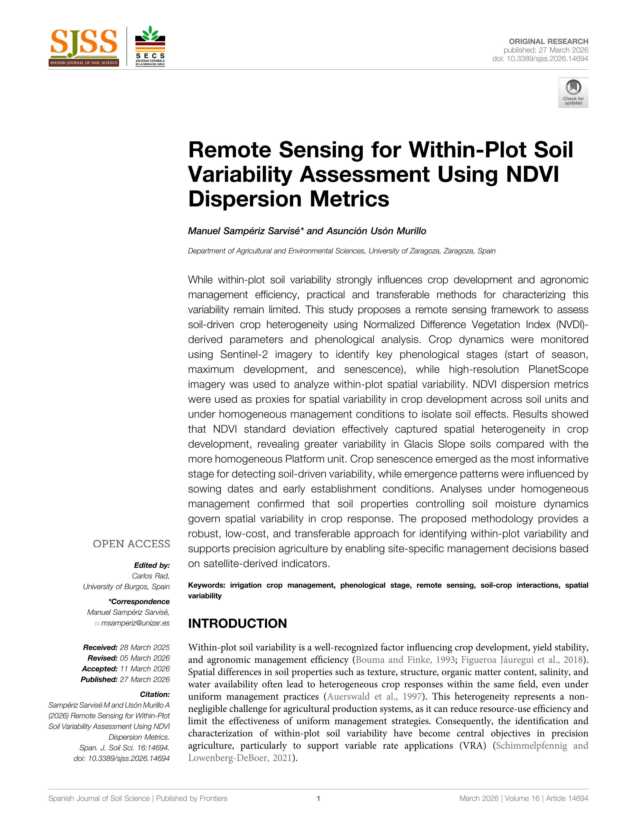 Remote sensing for within-plot soil variability assessment using NDVI dispersion metrics