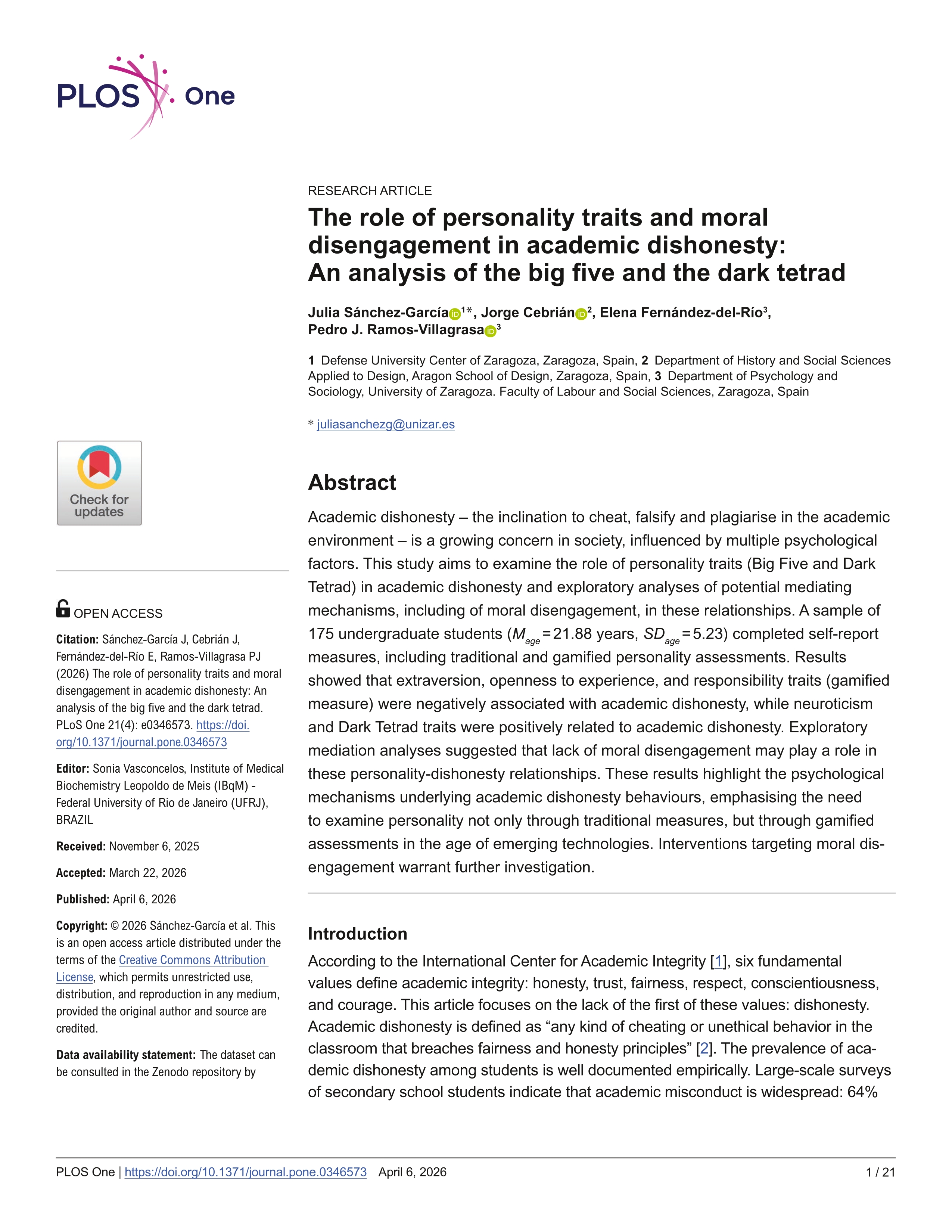 The role of personality traits and moral disengagement in academic dishonesty: An analysis of the big five and the dark tetrad