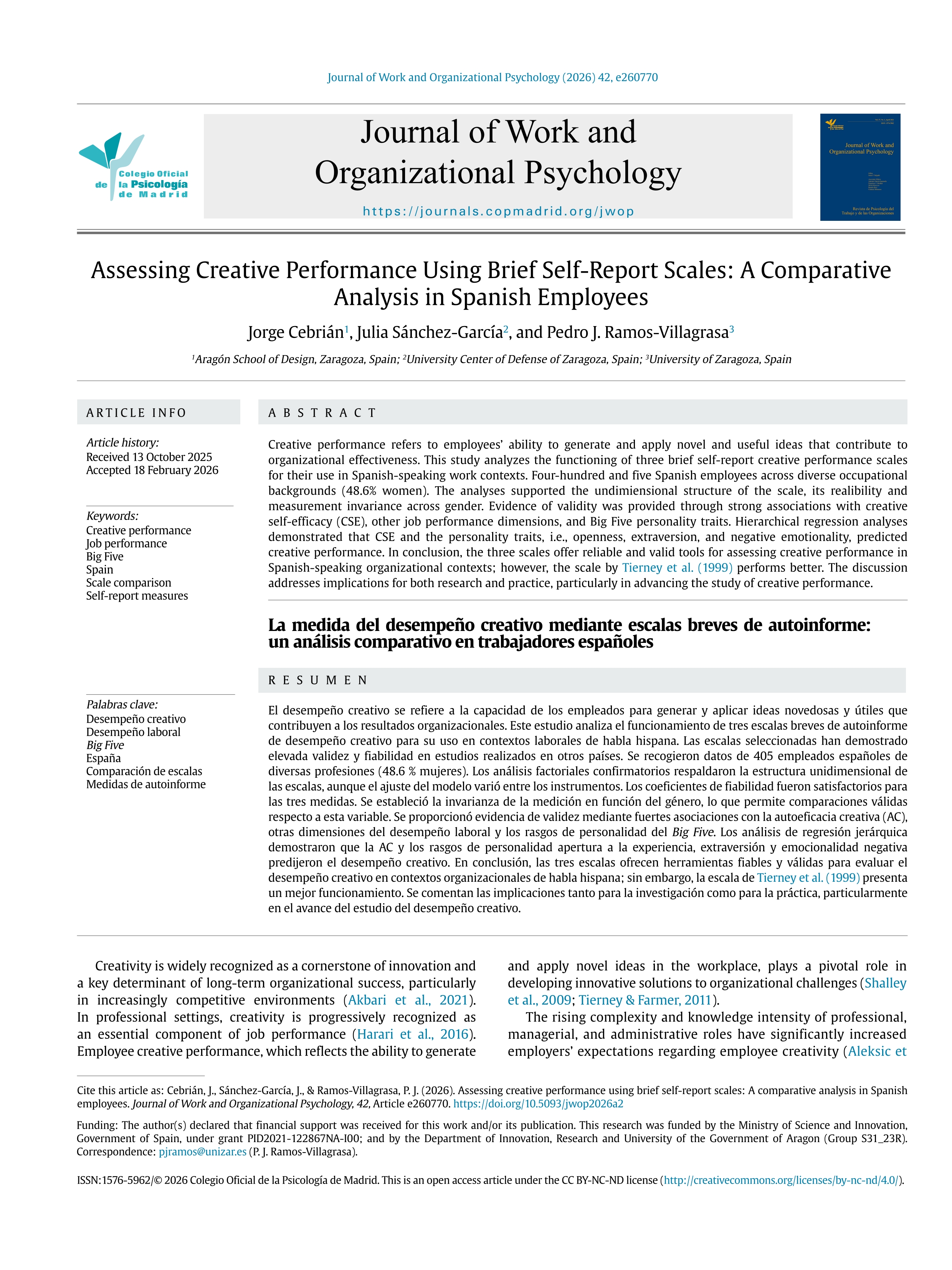Assessing Creative Performance Using Brief Self-Report Scales: A Comparative Analysis in Spanish Employees