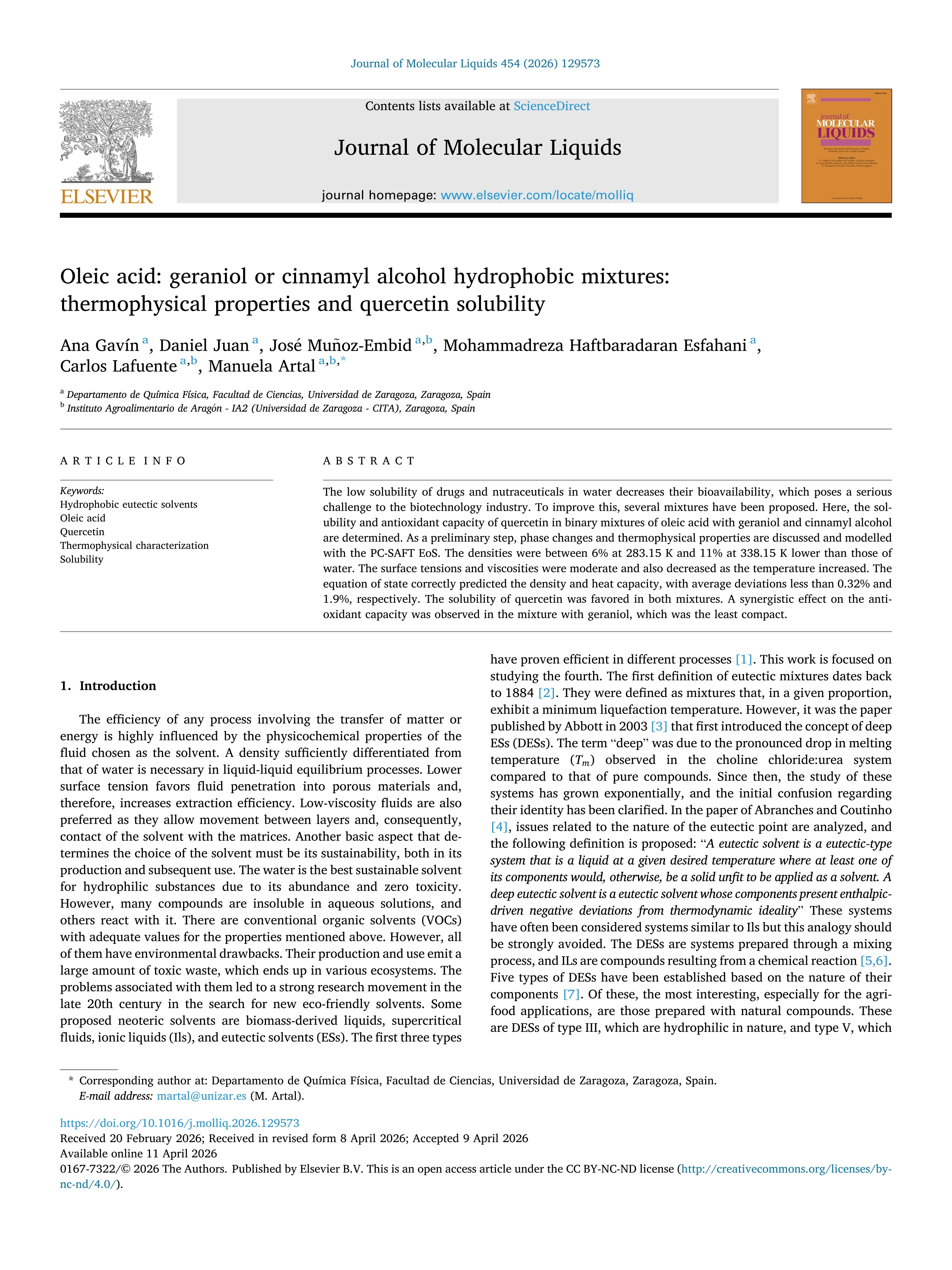 Oleic acid: geraniol or cinnamyl alcohol hydrophobic mixtures: thermophysical properties and quercetin solubility