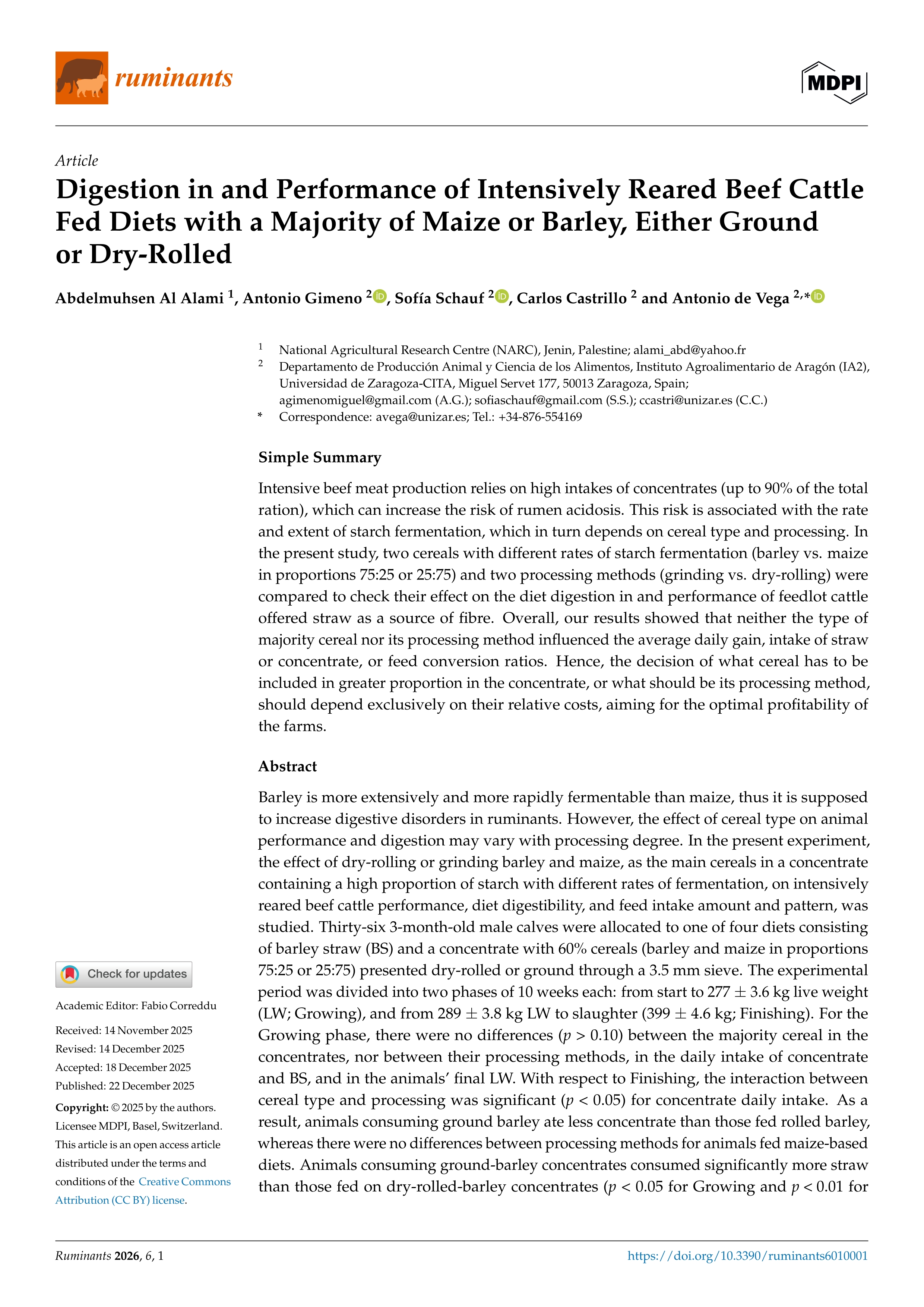 Digestion in and performance of intensively reared beef cattle fed diets with a majority of maize or barley, either ground or dry-rolled