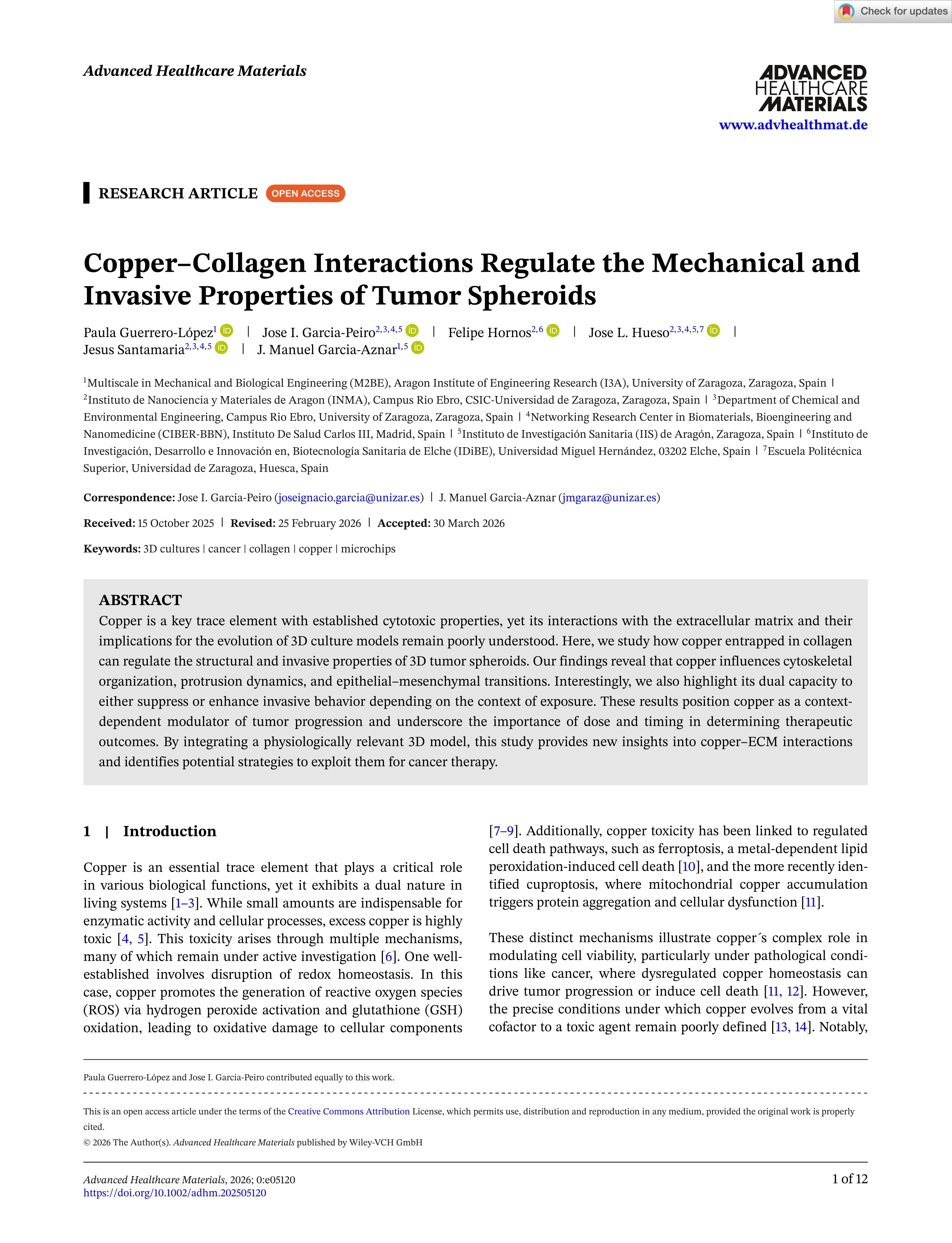 Copper–Collagen Interactions Regulate the Mechanical and Invasive Properties of Tumor Spheroids