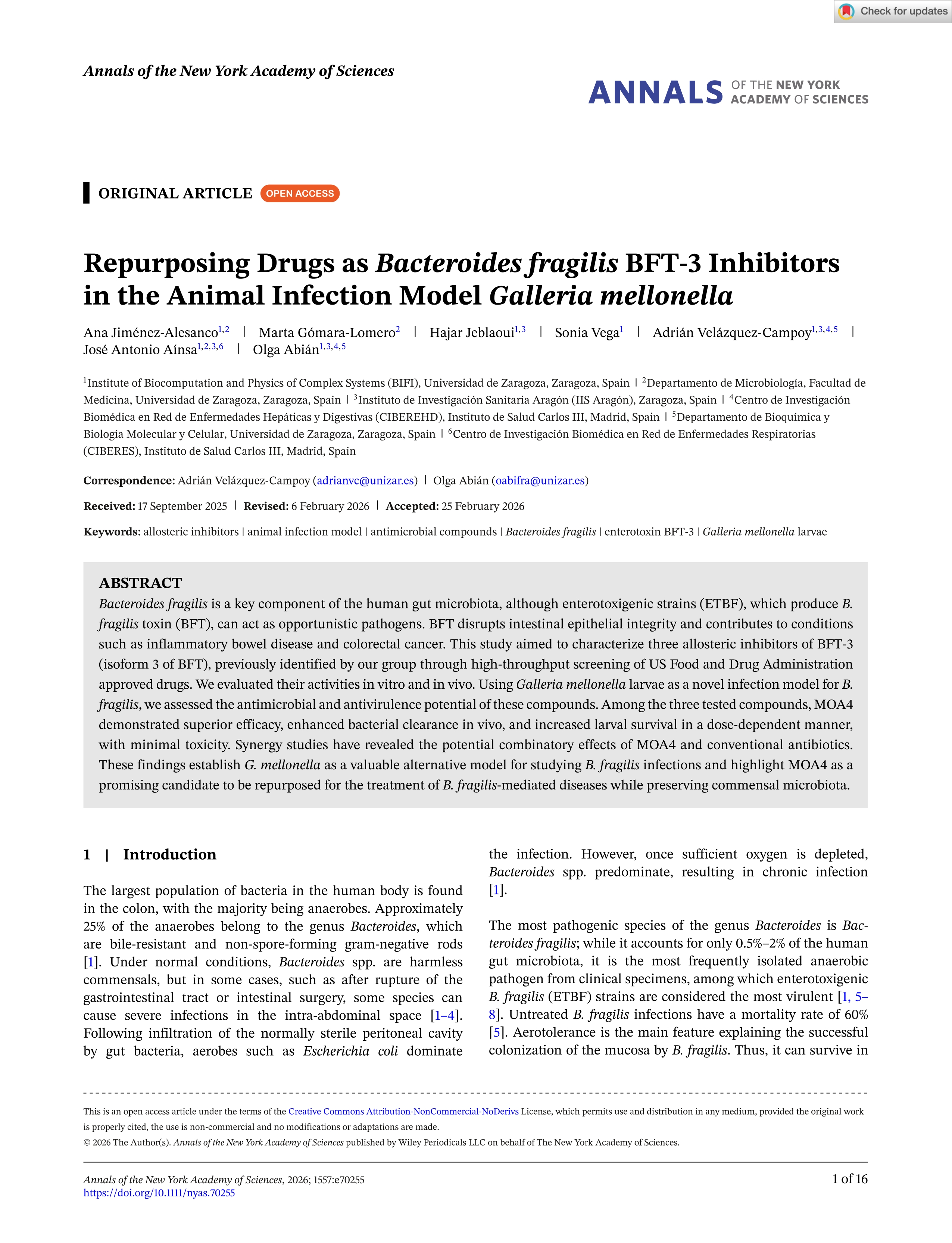 Repurposing Drugs as Bacteroides fragilis BFT-3 Inhibitors in the Animal Infection Model Galleria mellonella