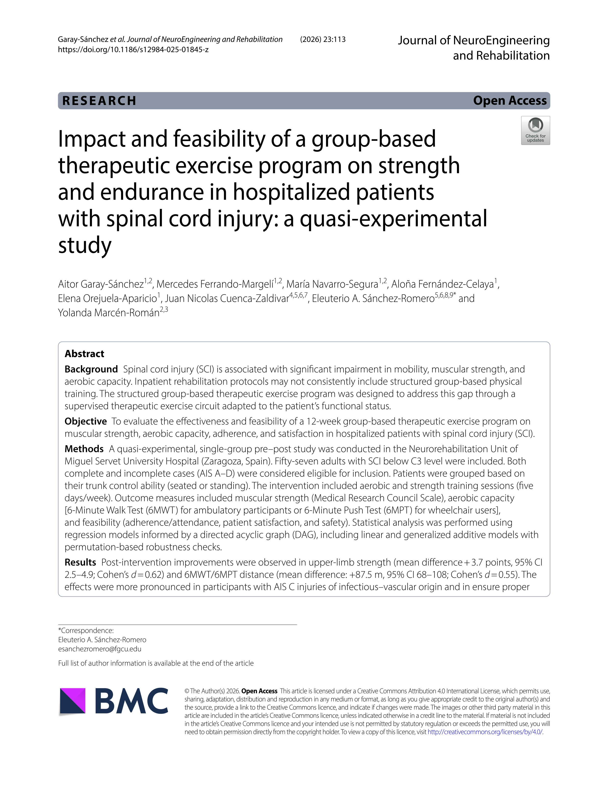 Impact and feasibility of a group-based therapeutic exercise program on strength and endurance in hospitalized patients with spinal cord injury: a quasi-experimental study
