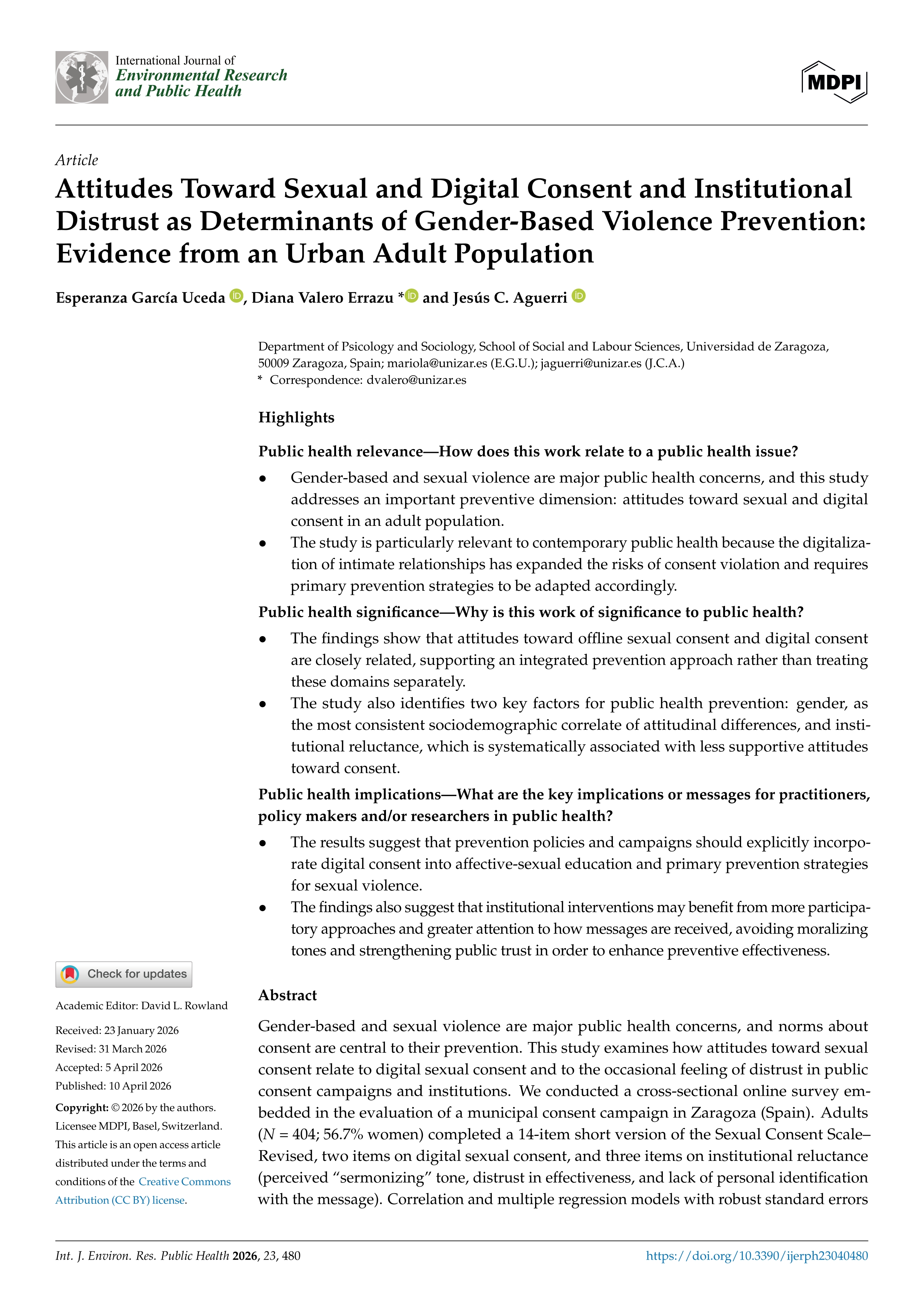 Attitudes Toward Sexual and Digital Consent and Institutional Distrust as Determinants of Gender-Based Violence Prevention: Evidence from an Urban Adult Population