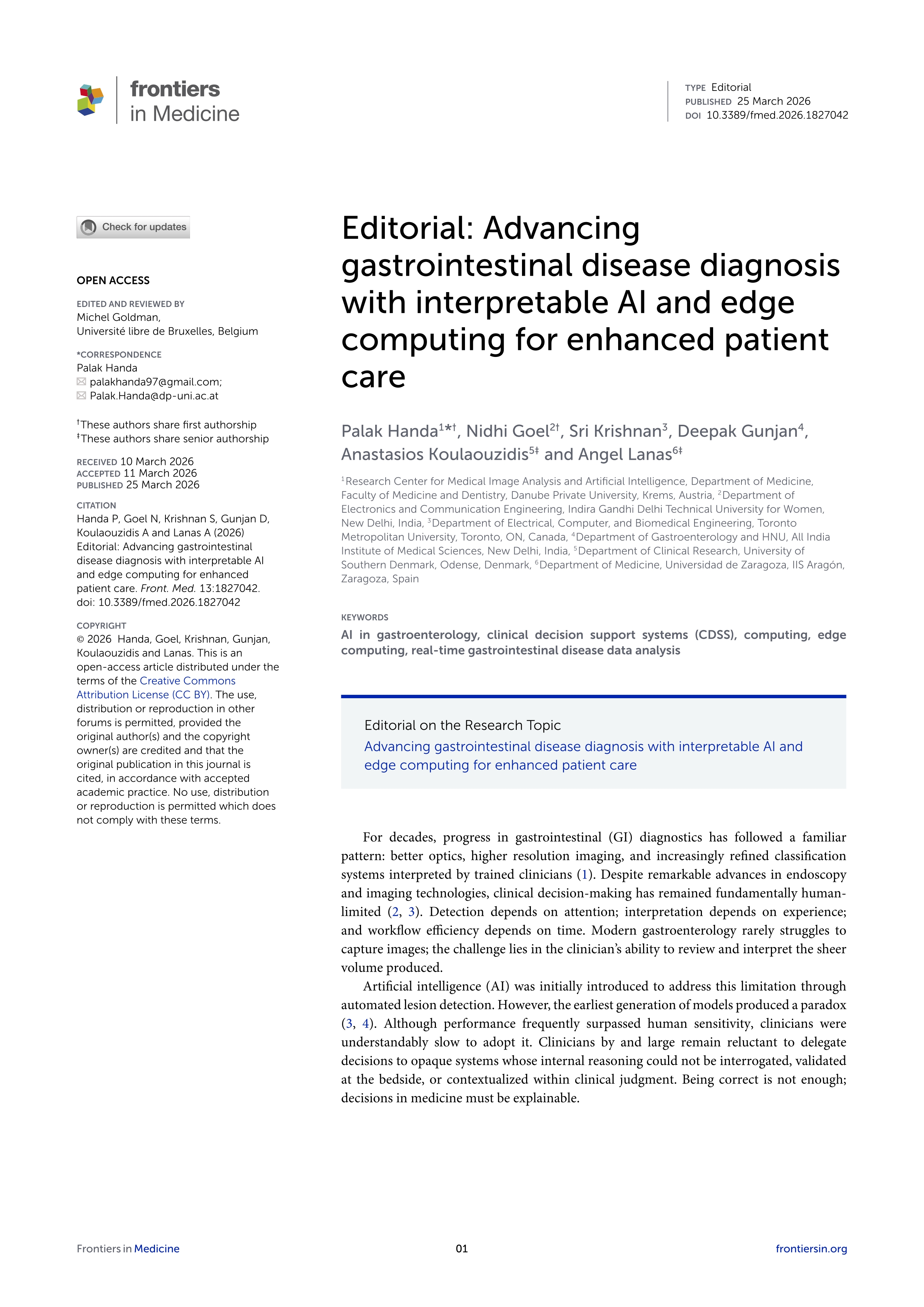 Editorial: Advancing gastrointestinal disease diagnosis with interpretable AI and edge computing for enhanced patient care