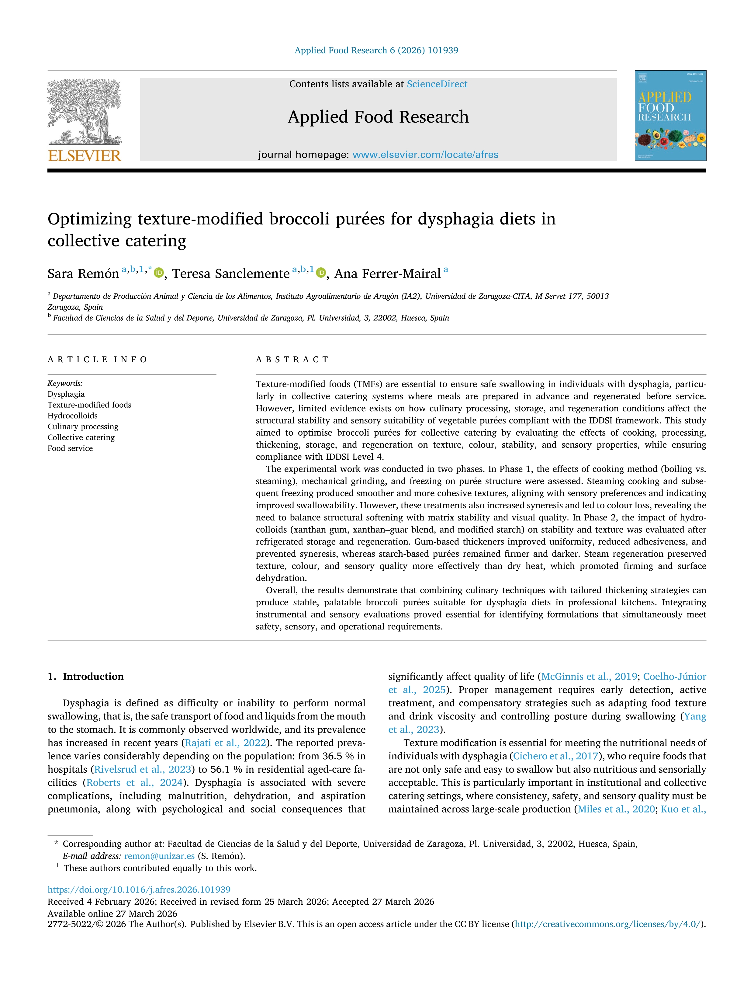 Optimizing texture-modified broccoli purées for dysphagia diets in collective catering