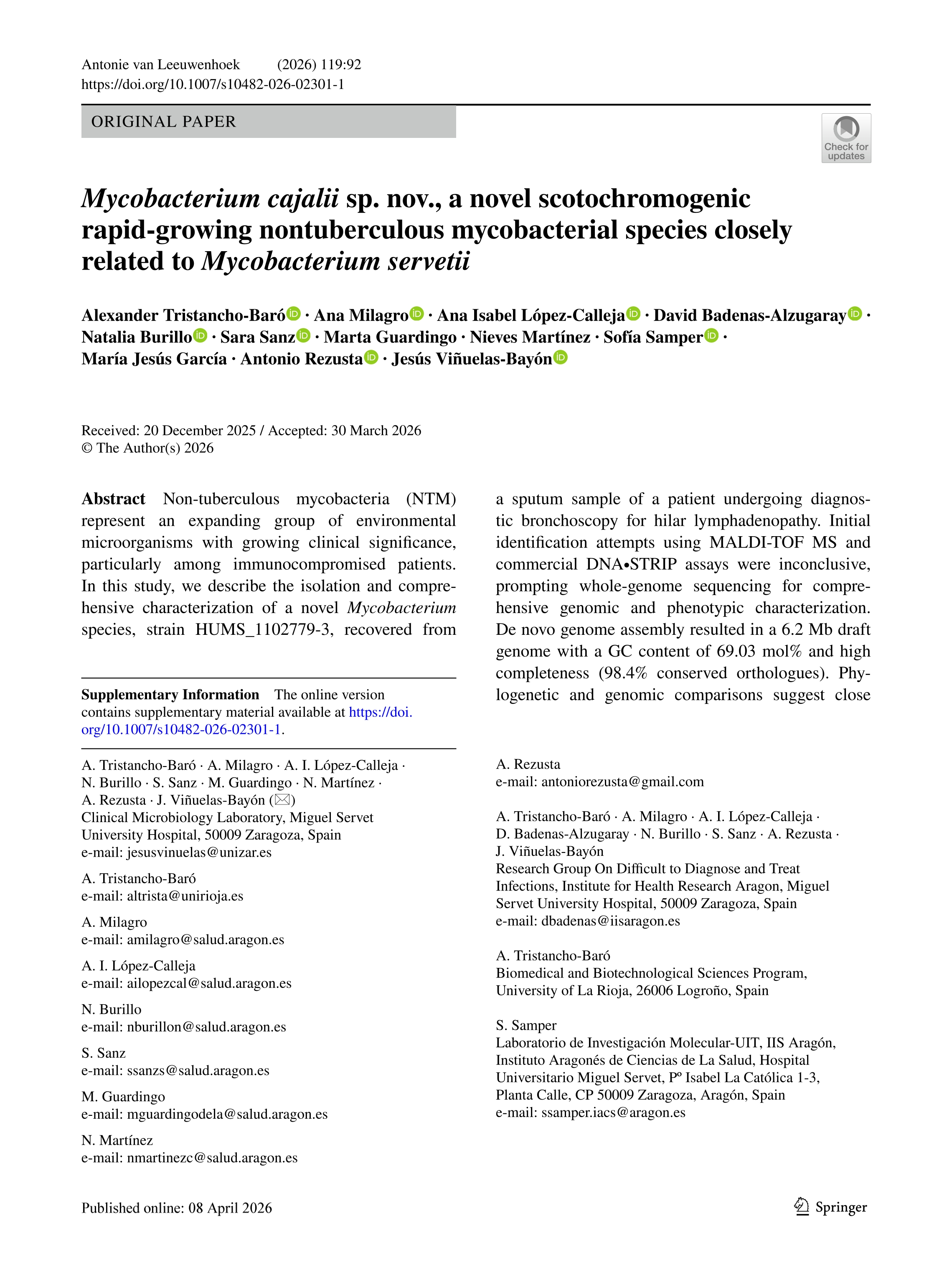 Mycobacterium cajalii sp. nov., a novel scotochromogenic rapid-growing nontuberculous mycobacterial species closely related to Mycobacterium servetii
