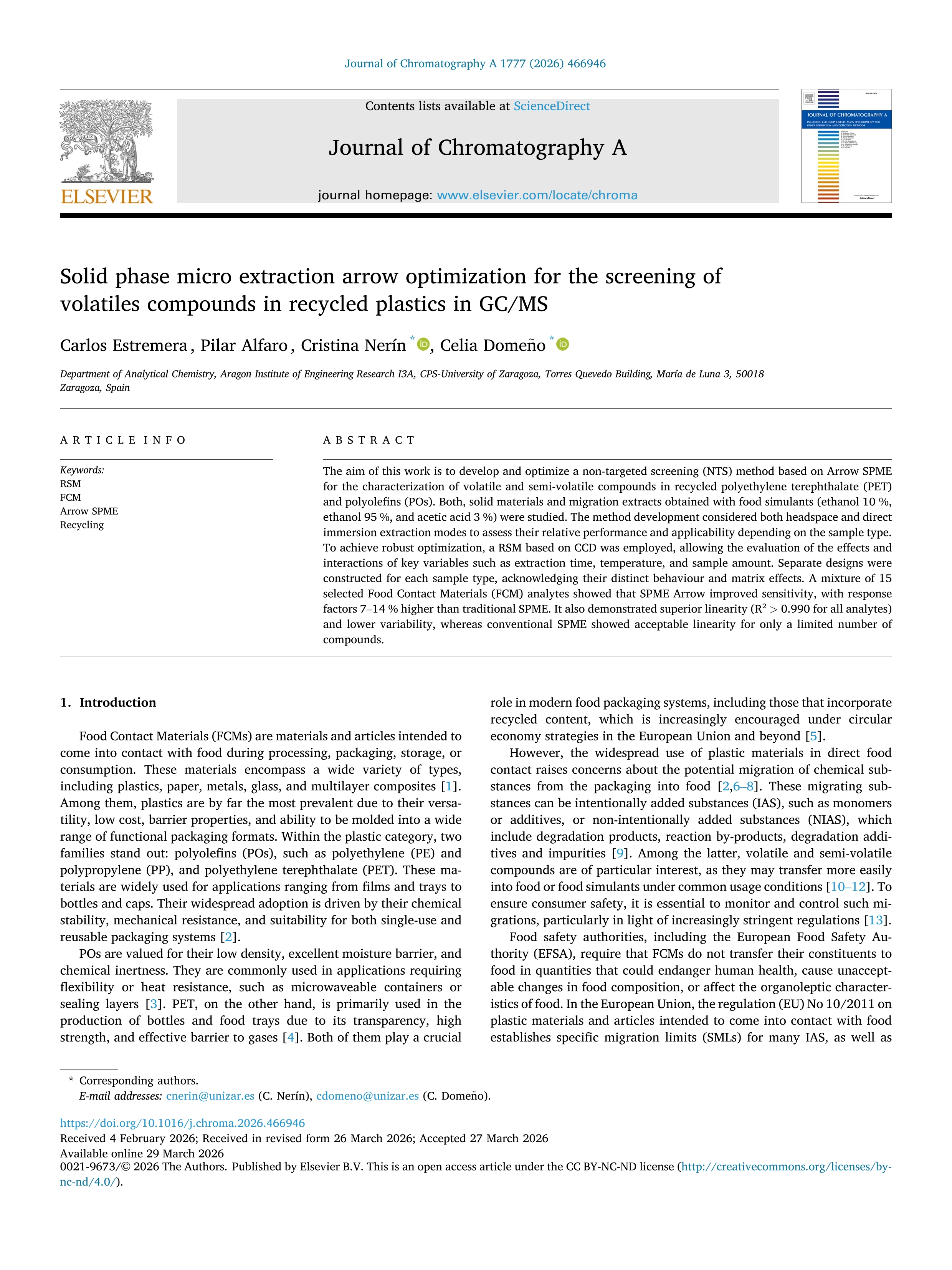 Solid phase micro extraction arrow optimization for the screening of volatiles compounds in recycled plastics in GC/MS