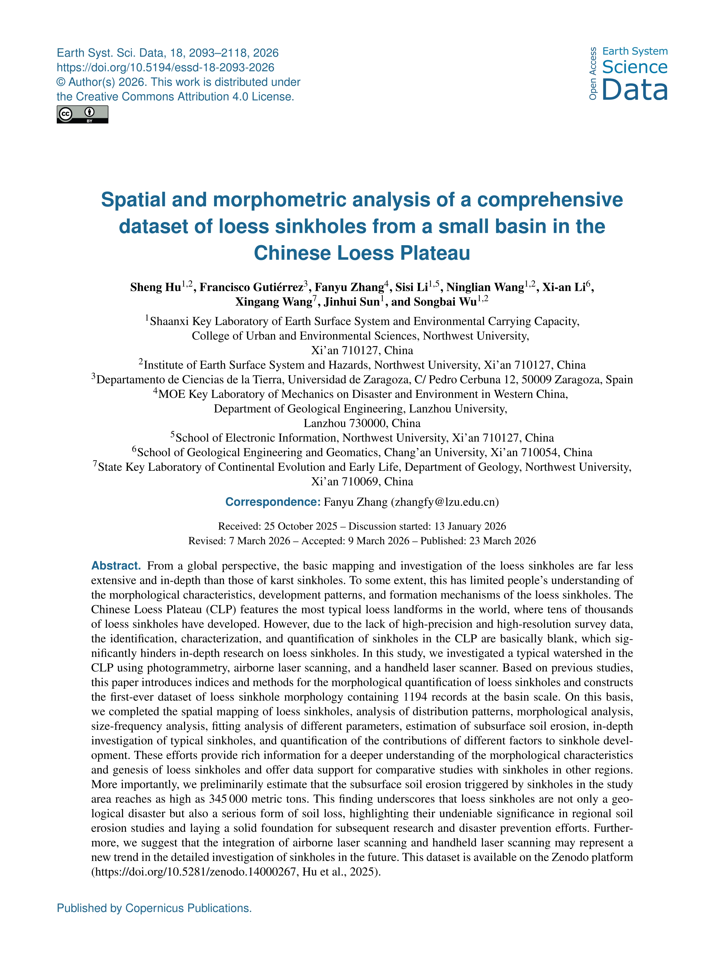 Spatial and morphometric analysis of a comprehensive dataset of loess sinkholes from a small basin in the Chinese Loess Plateau