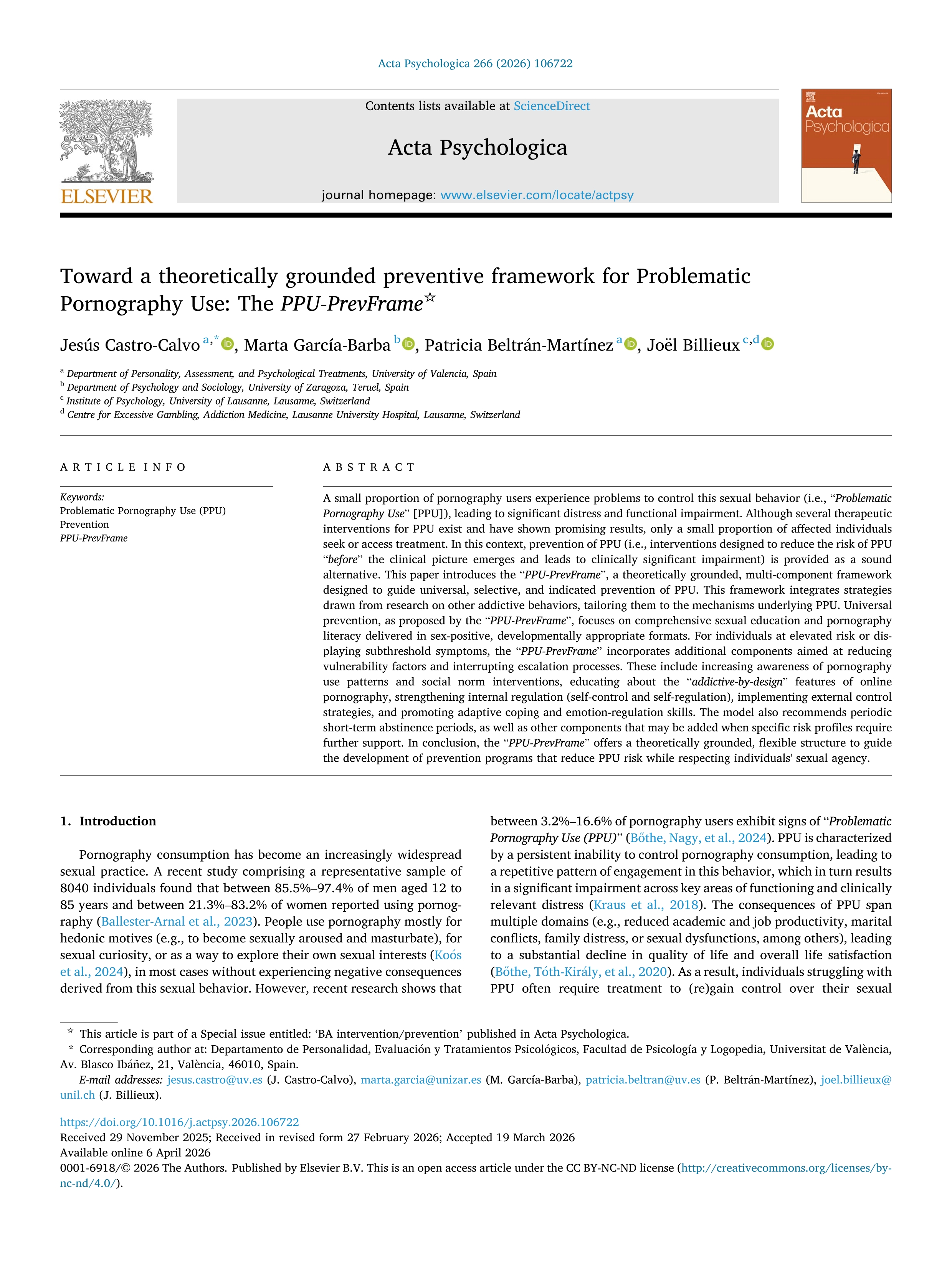 Toward a theoretically grounded preventive framework for Problematic Pornography Use: The PPU-PrevFrame