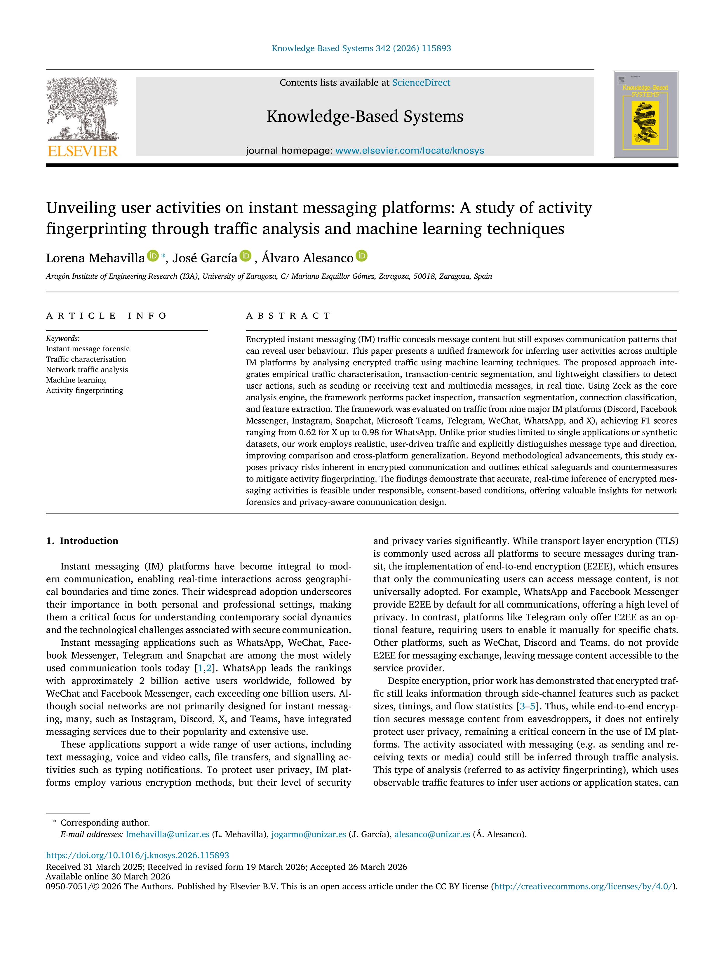Unveiling user activities on instant messaging platforms: A study of activity fingerprinting through traffic analysis and machine learning techniques