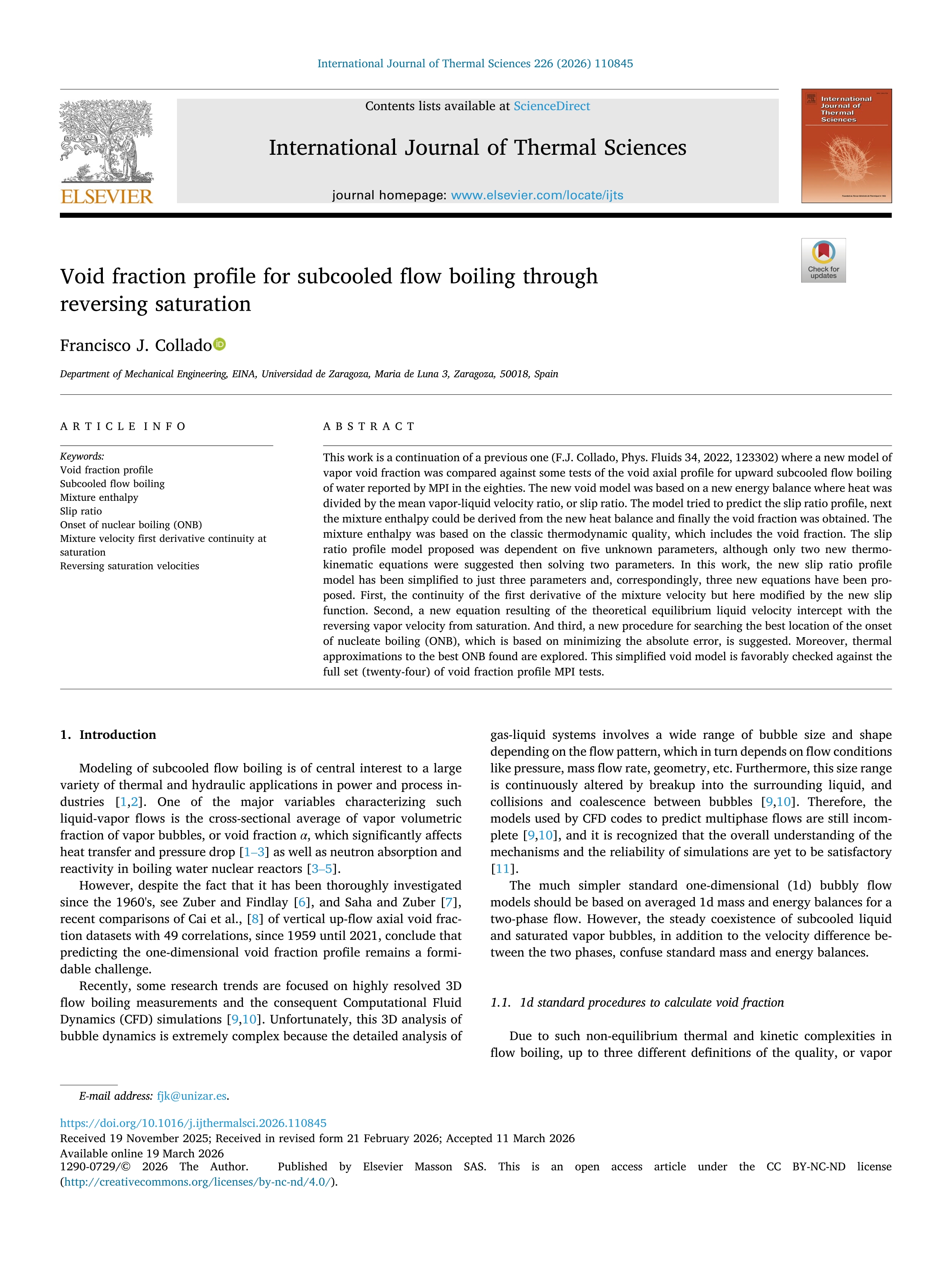 Void fraction profile for subcooled flow boiling through reversing saturation