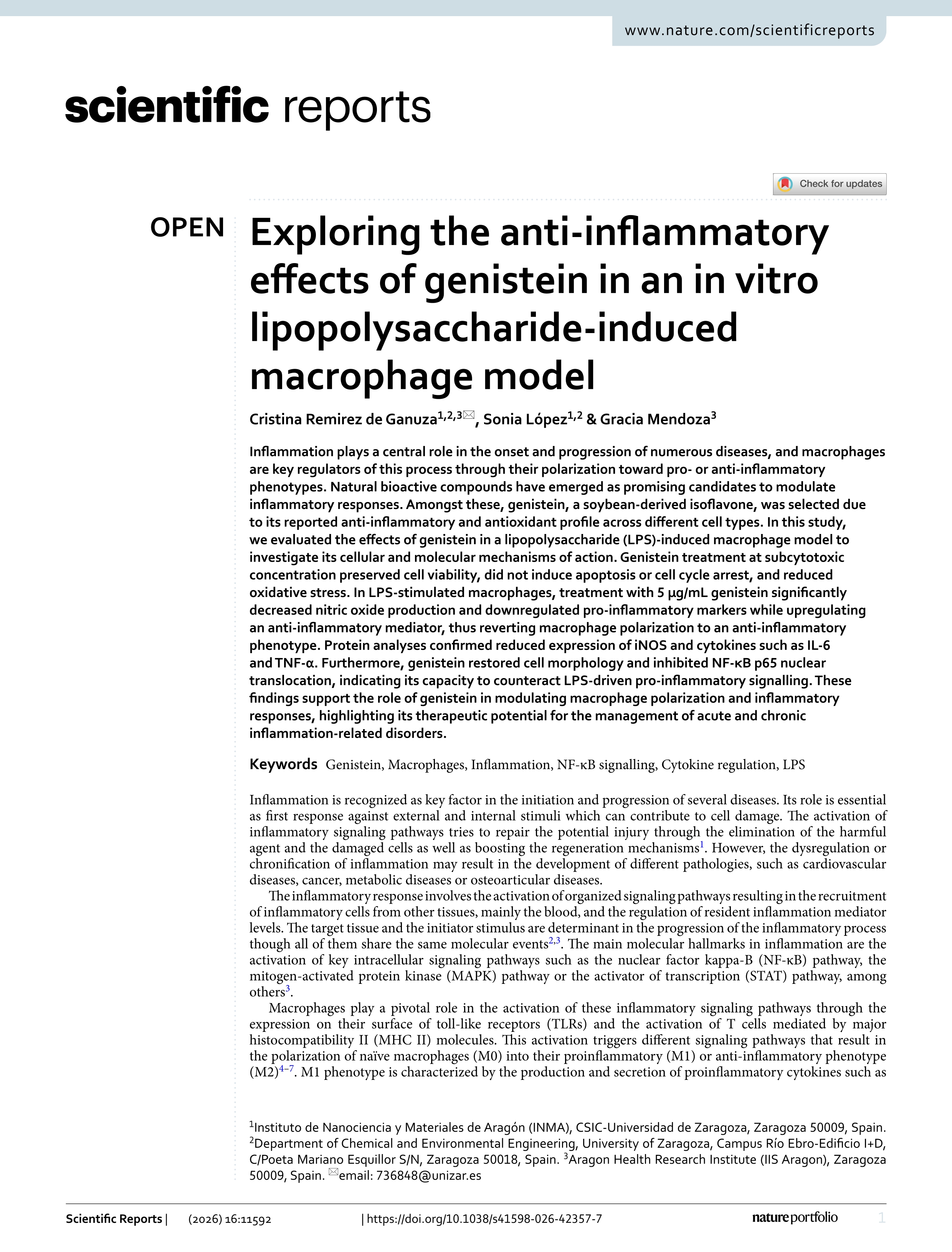 Exploring the anti-inflammatory effects of genistein in an in vitro lipopolysaccharide-induced macrophage model