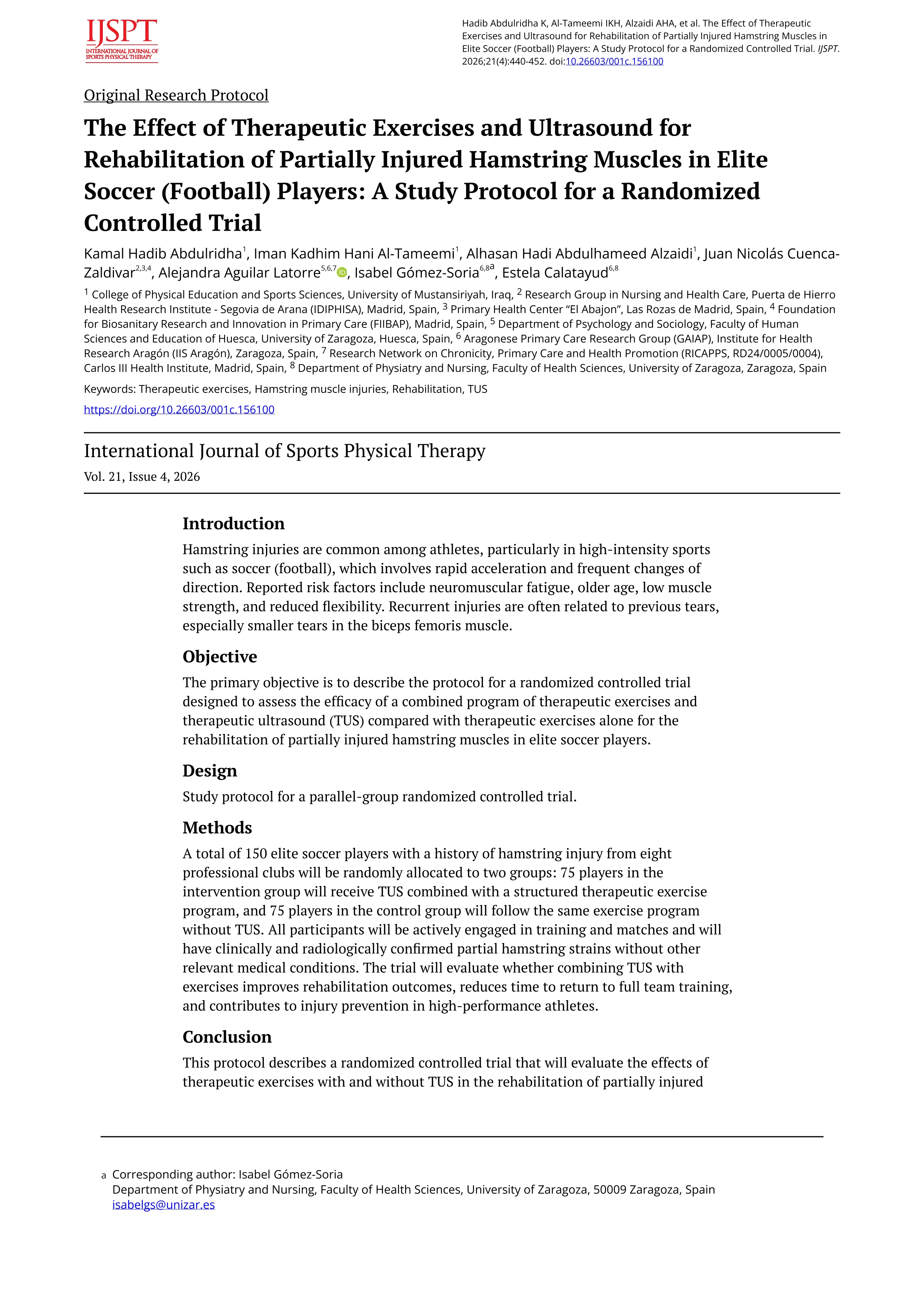 The effect of therapeutic exercises and ultrasound for rehabilitation of partially injured hamstring muscles in elite football players: a study protocol for a randomized controlled trial
