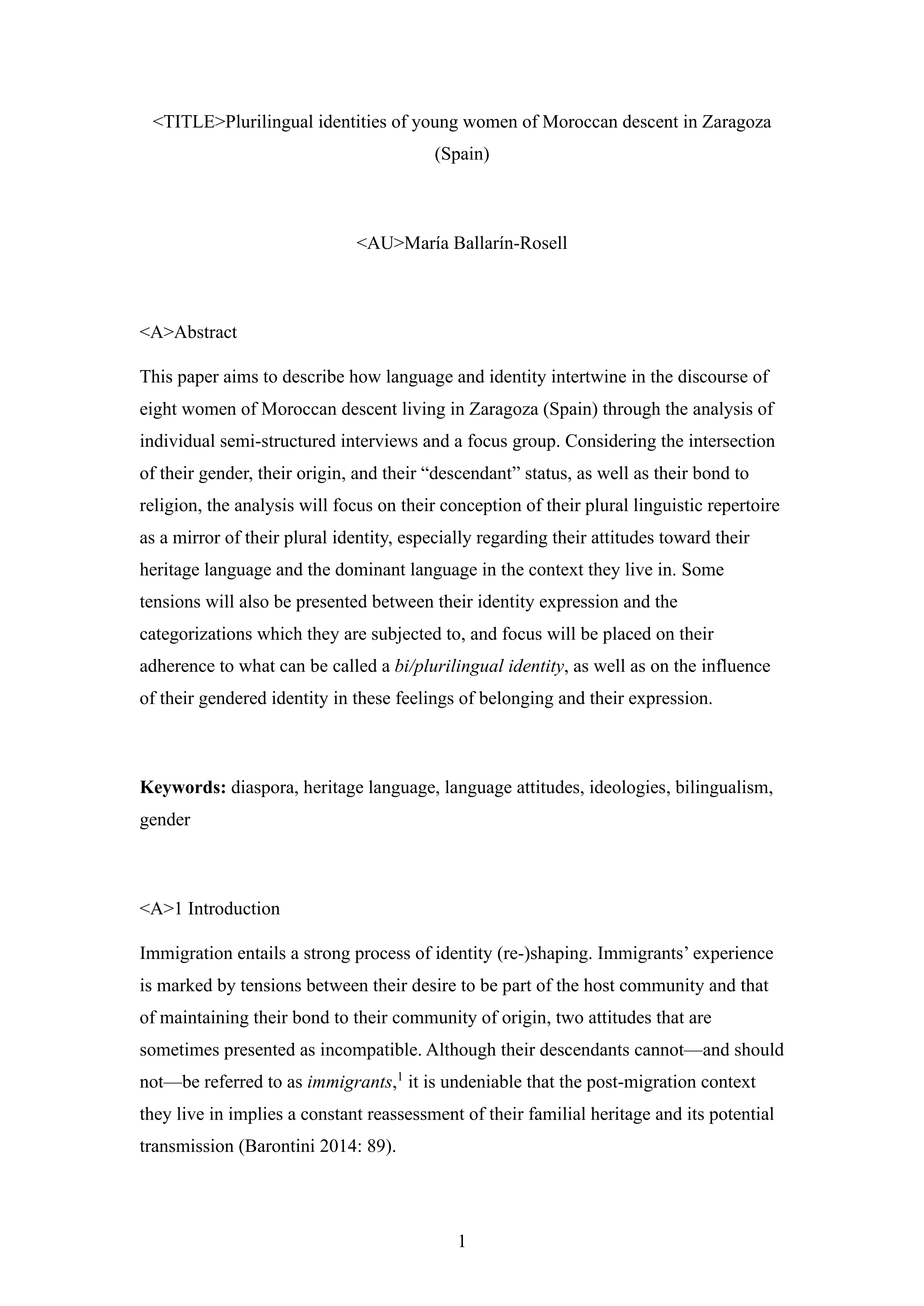 Plurilingual identities of young women of moroccan descent in Zaragoza (Spain)