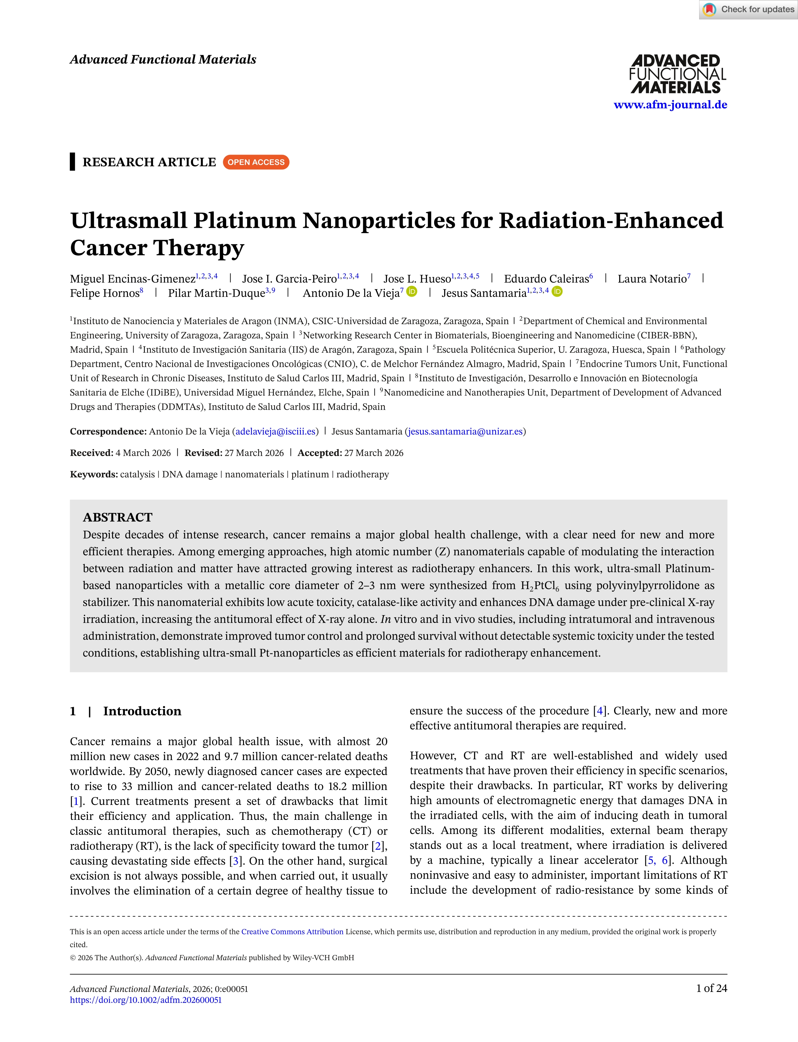 Ultrasmall Platinum Nanoparticles for Radiation‐Enhanced Cancer Therapy
