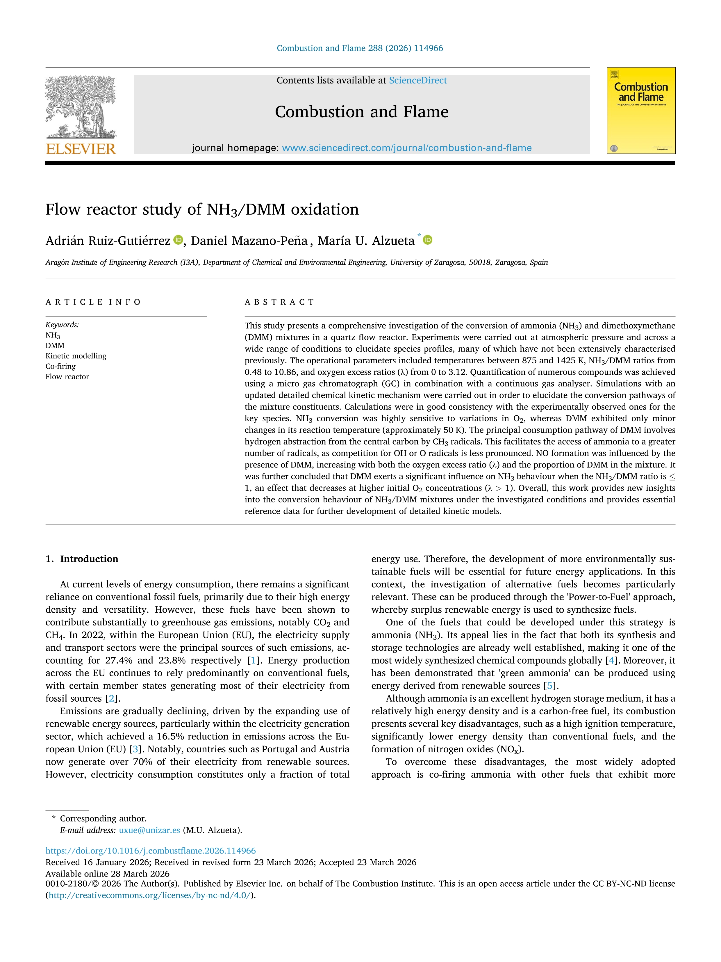 Flow reactor study of NH3/DMM oxidation