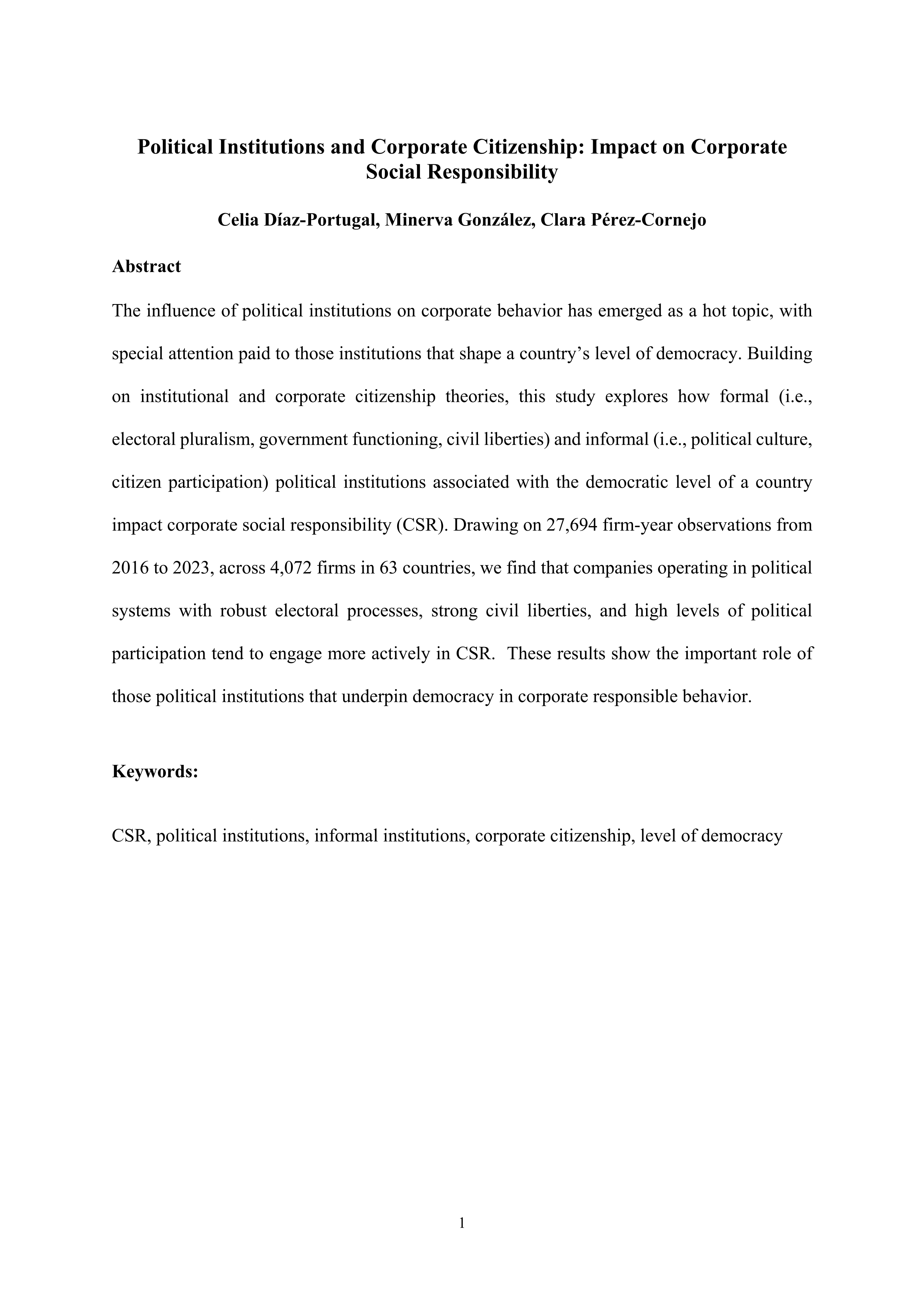 Political Institutions and Corporate Citizenship: The Impact on Corporate Social Responsibility