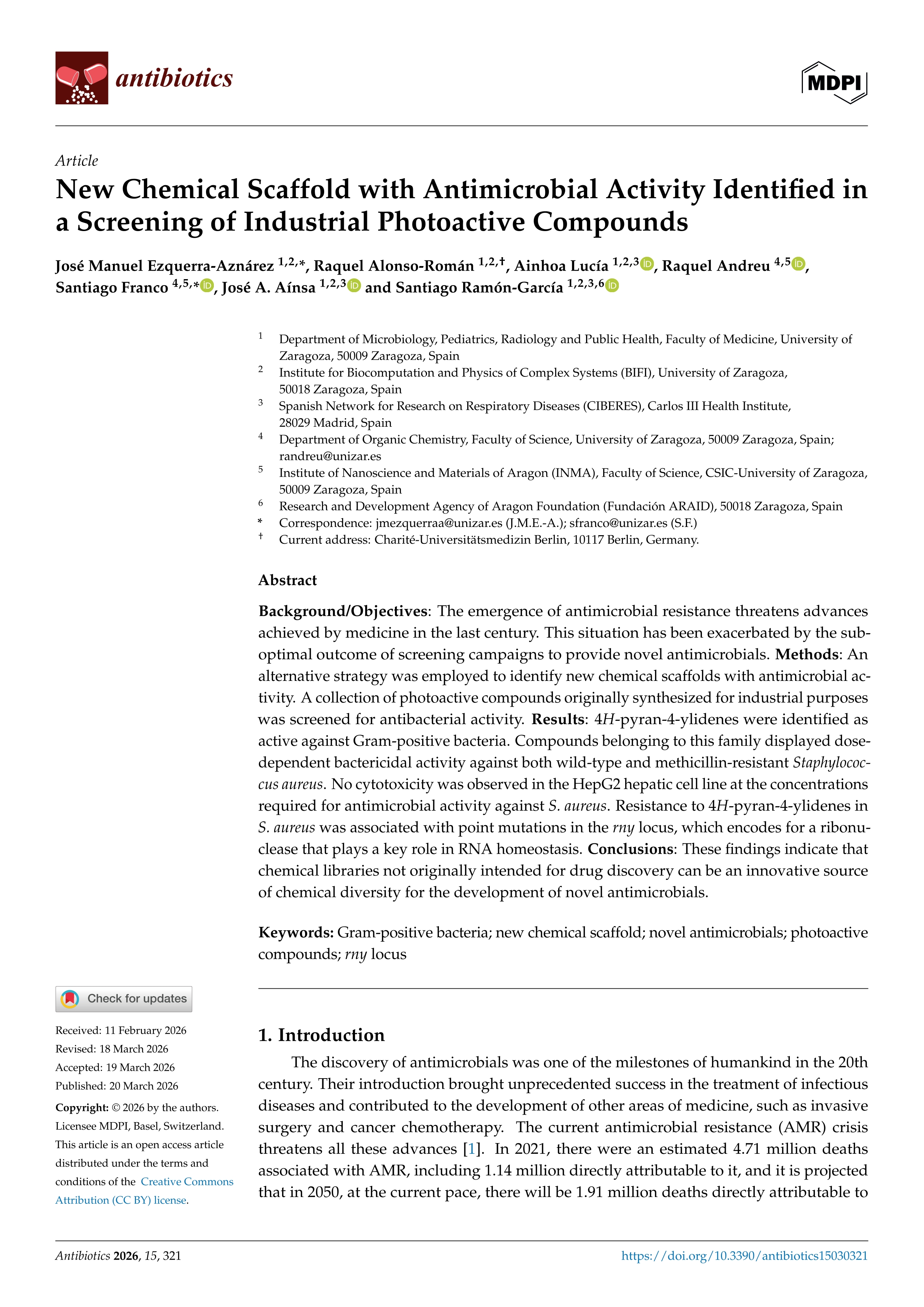 New Chemical Scaffold with Antimicrobial Activity Identified in a Screening of Industrial Photoactive Compounds