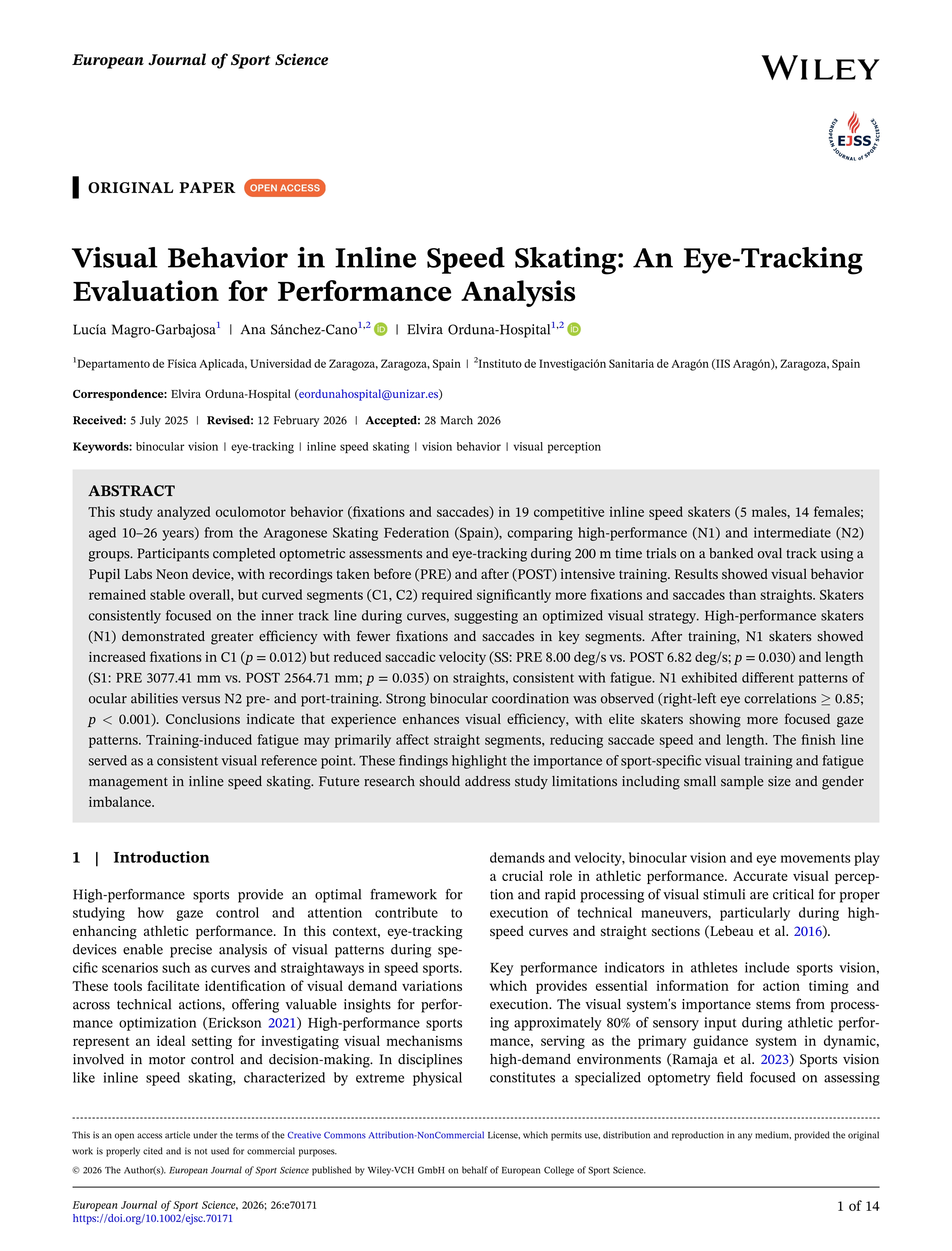 Visual Behavior in Inline Speed Skating: An Eye‐Tracking Evaluation for Performance Analysis