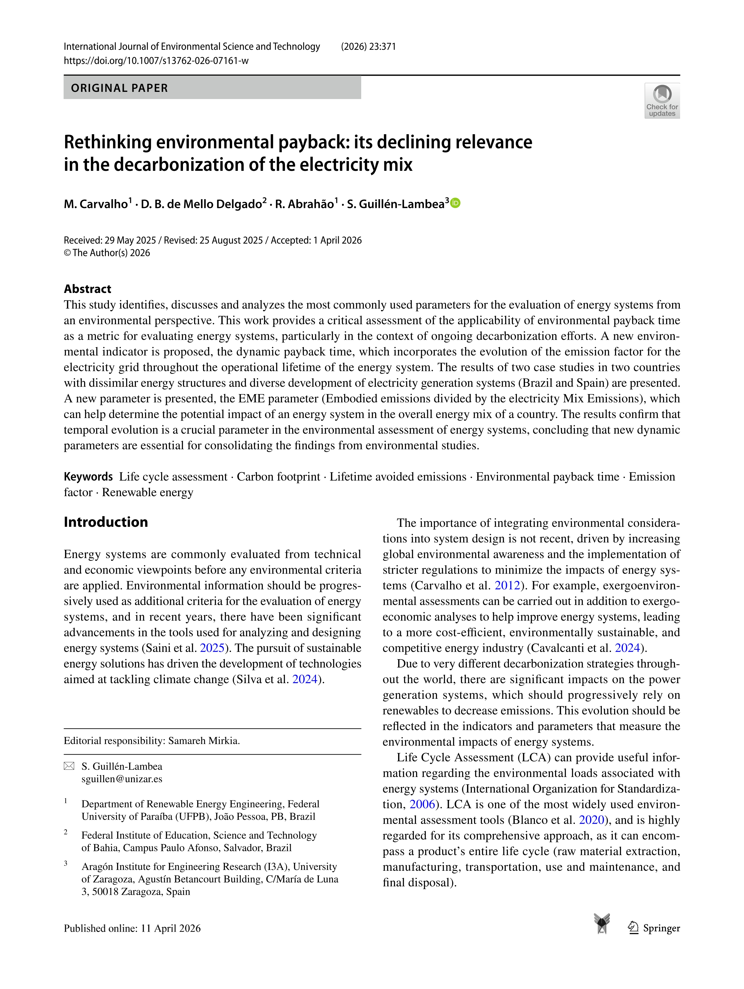 Rethinking environmental payback: its declining relevance in the decarbonization of the electricity mix