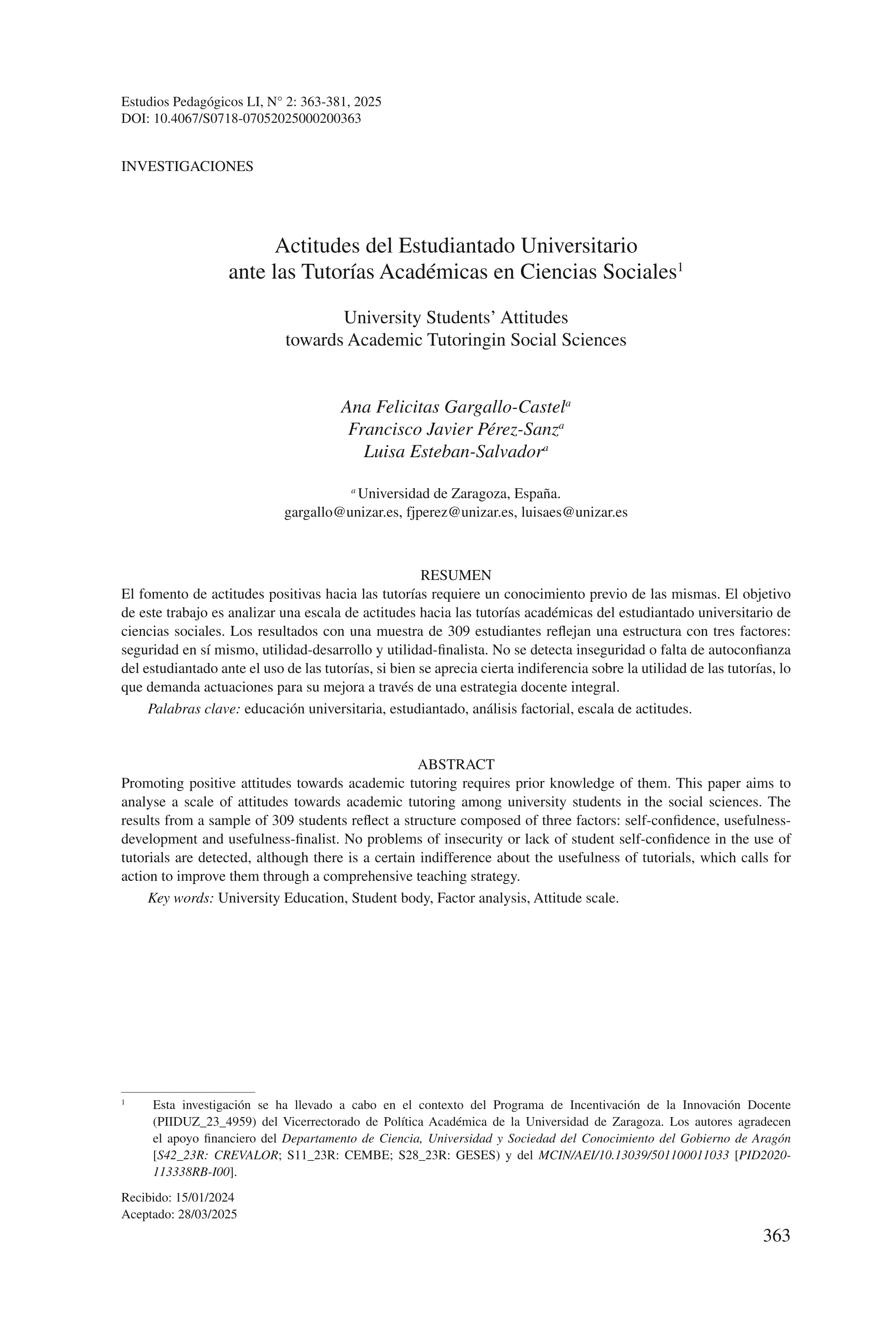 Actitudes del Estudiantado Universitario ante las Tutorías Académicas en Ciencias Sociales