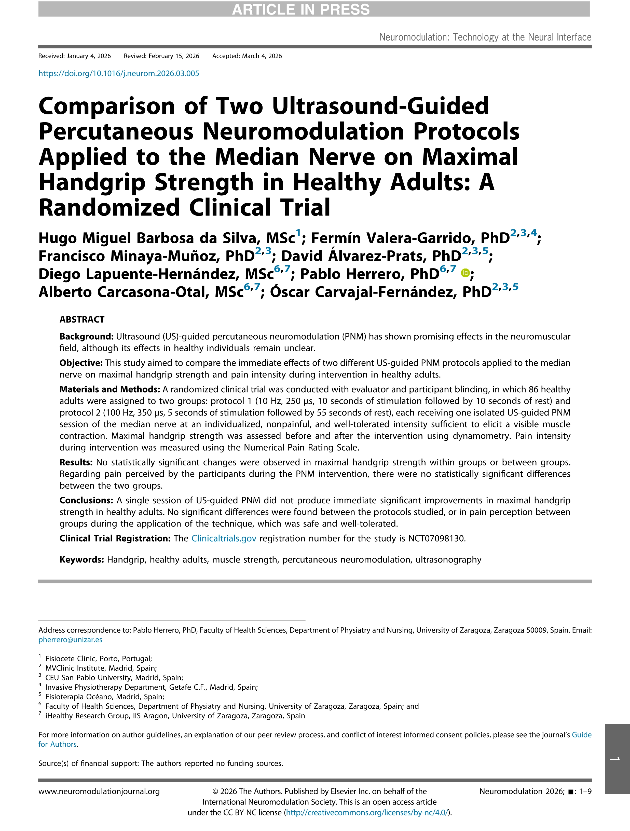 Comparison of two ultrasound-guided percutaneous neuromodulation protocols applied to the median nerve on maximal handgrip strength in healthy adults: a randomized clinical trial