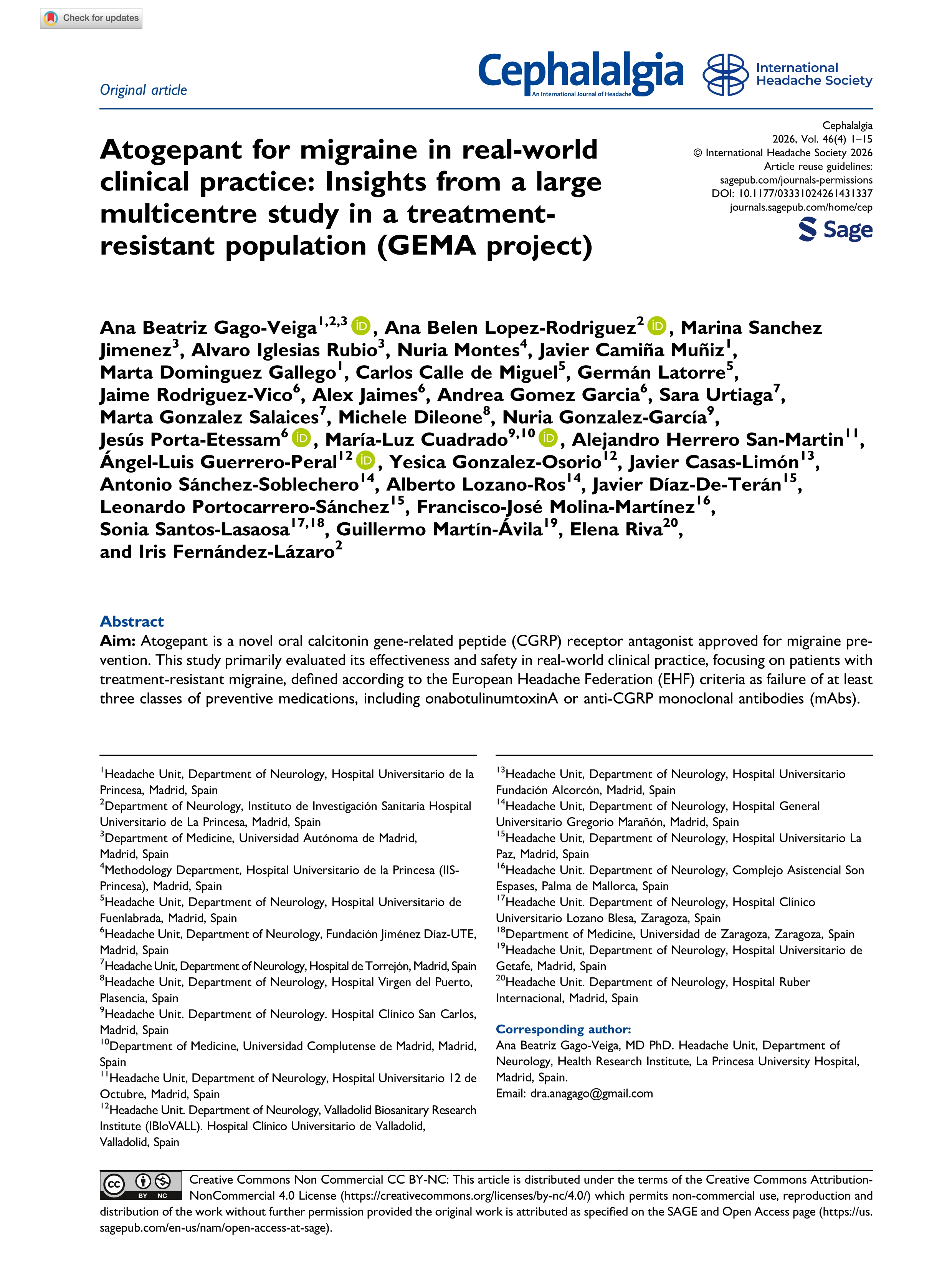 Atogepant for migraine in real-world clinical practice: Insights from a large multicentre study in a treatment-resistant population (GEMA project)