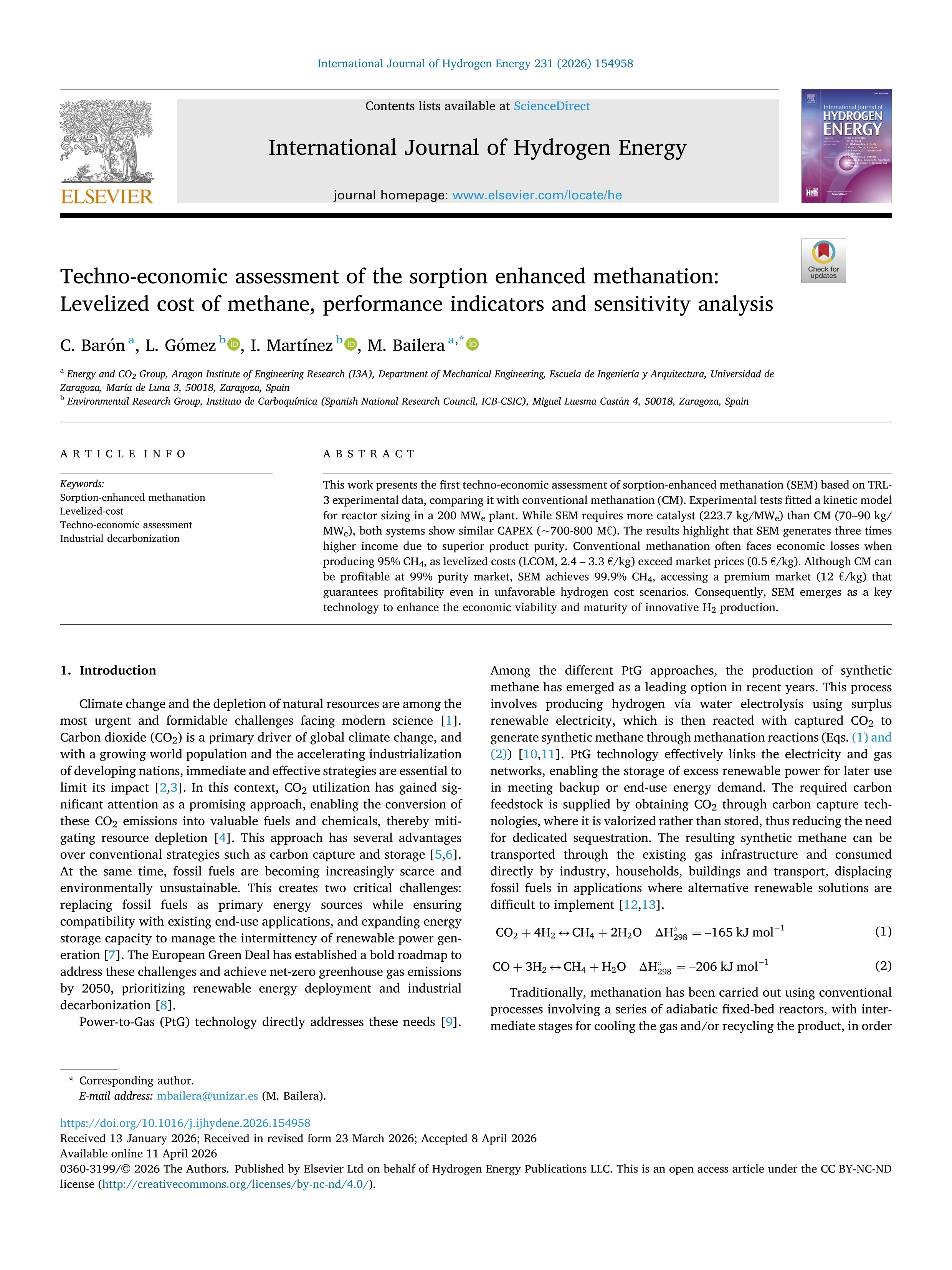 Techno-economic assessment of the sorption enhanced methanation: Levelized cost of methane, performance indicators and sensitivity analysis