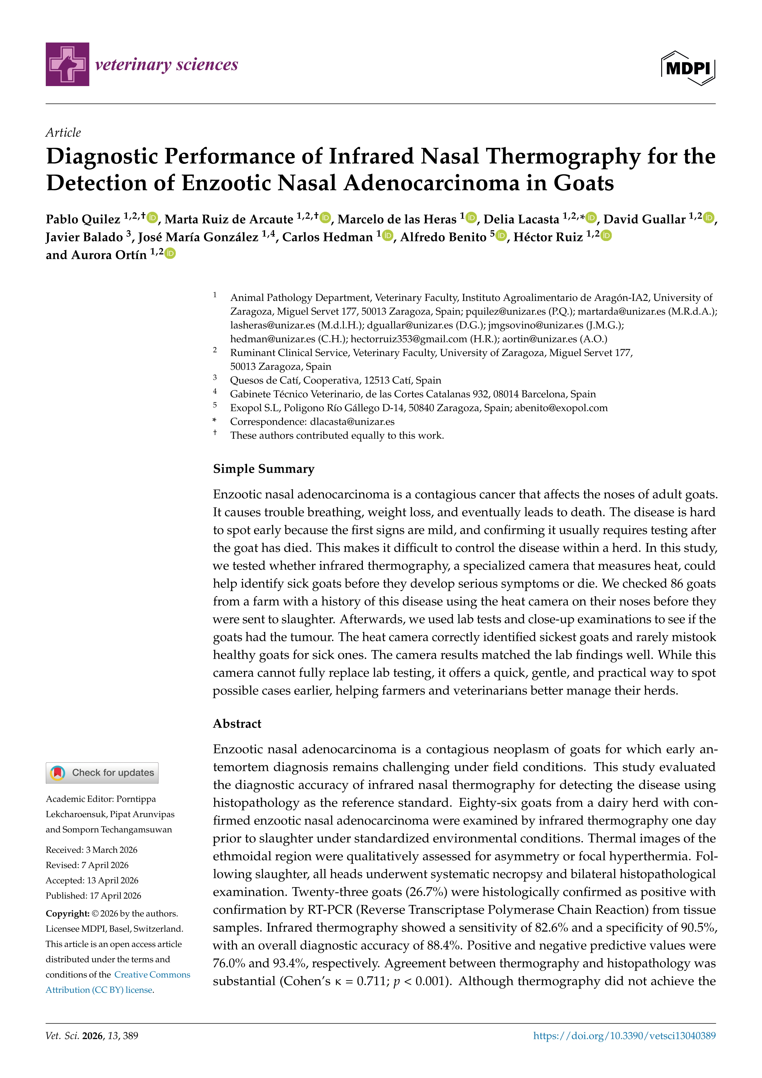 Diagnostic Performance of Infrared Nasal Thermography for the Detection of Enzootic Nasal Adenocarcinoma in Goats