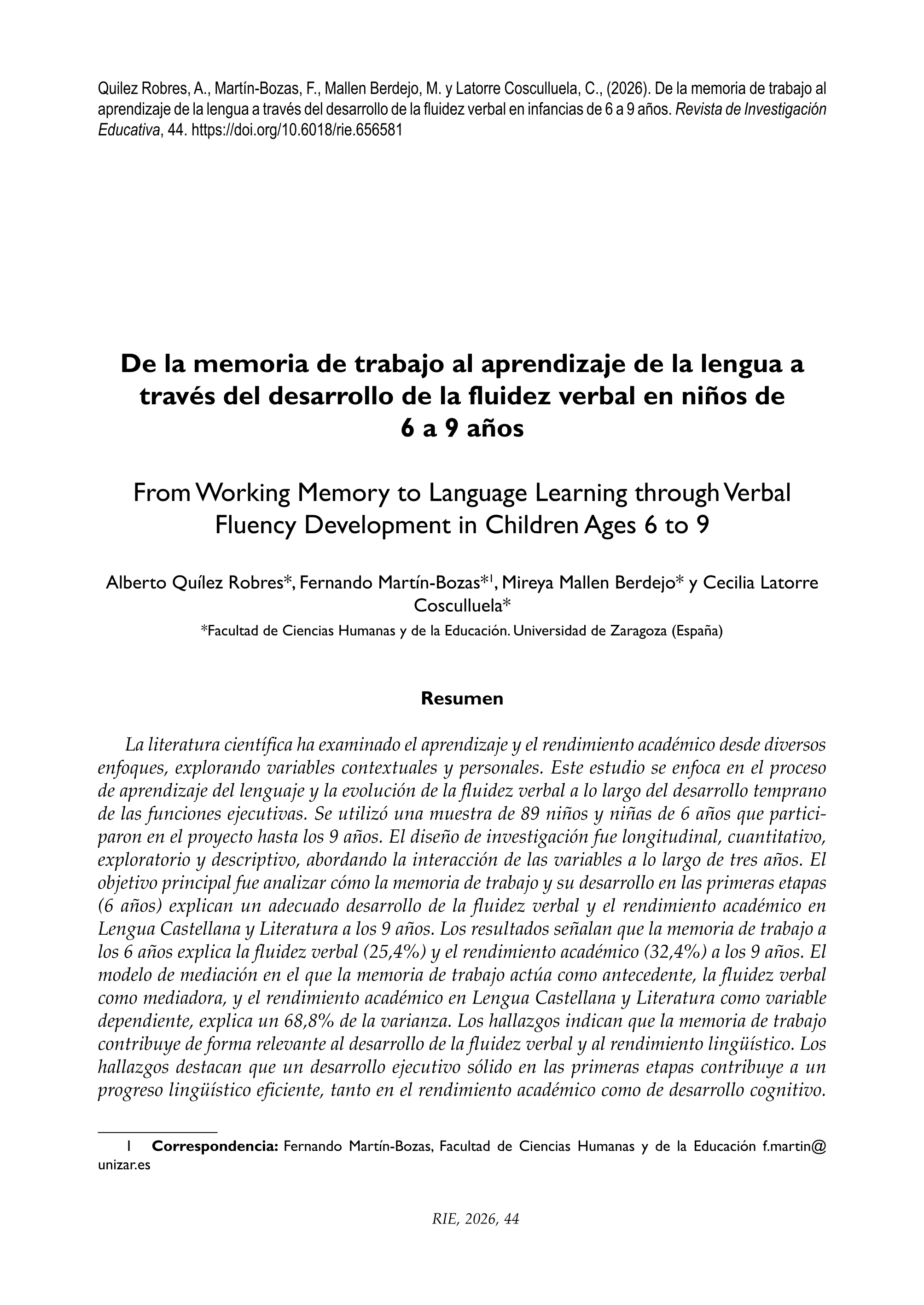 De la  memoria de trabajo al aprendizaje de la lengua a través del desarrollo de la fluidez verbal en niños de 6 a 9 años