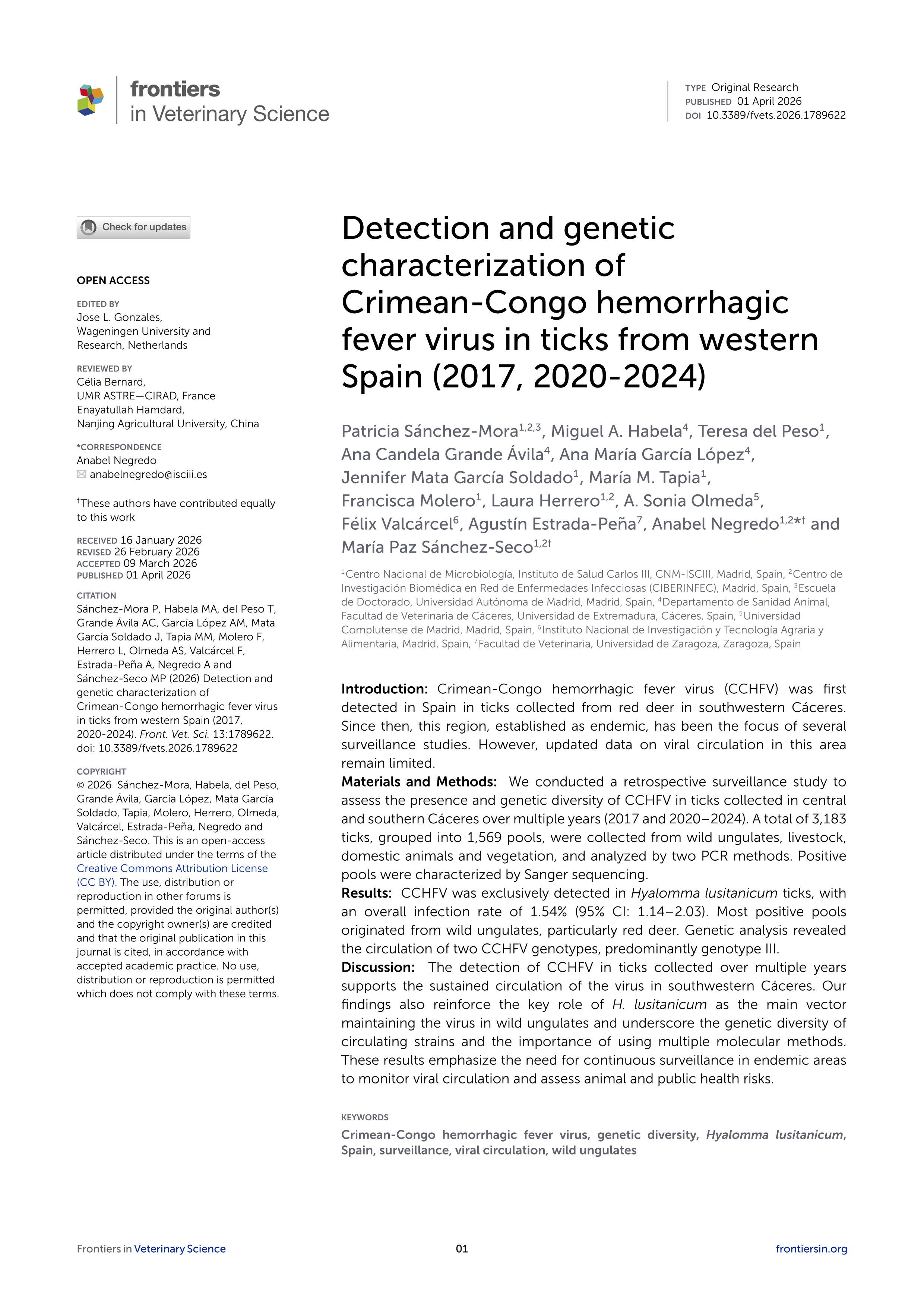 Detection and genetic characterization of Crimean-Congo hemorrhagic fever virus in ticks from western Spain (2017, 2020-2024)