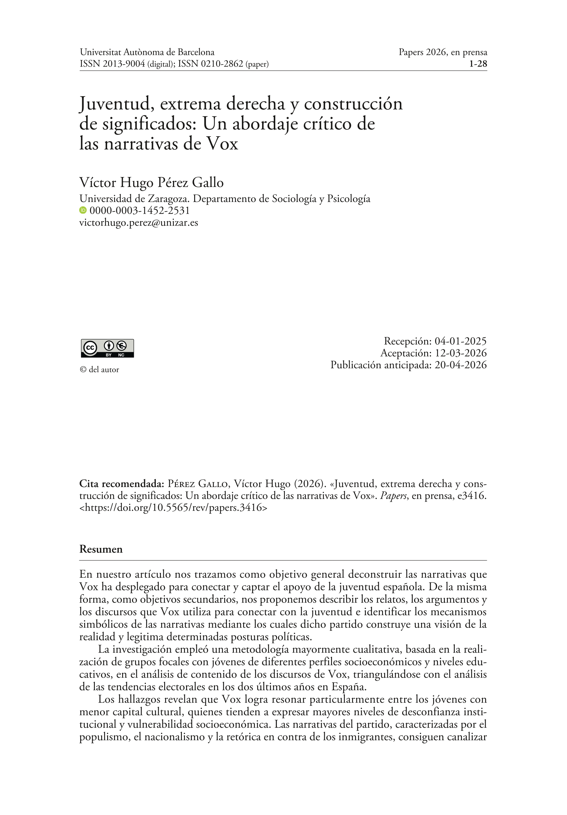 Juventud, extrema derecha y construcción de significados un abordaje crítico de las narrativas de Vox