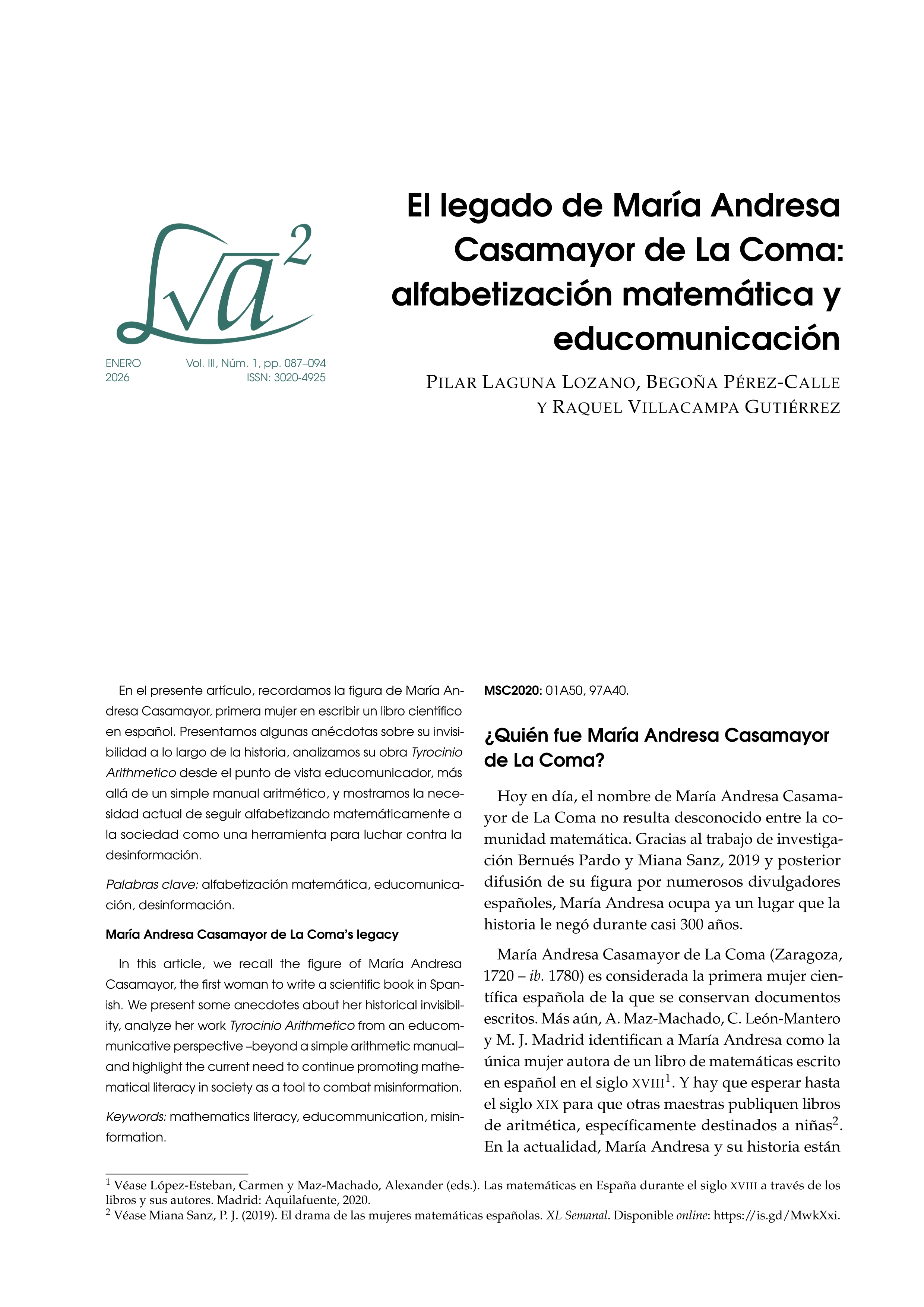 El legado de María Andresa Casamayor de La Coma: alfabetización matemática y educomunicación