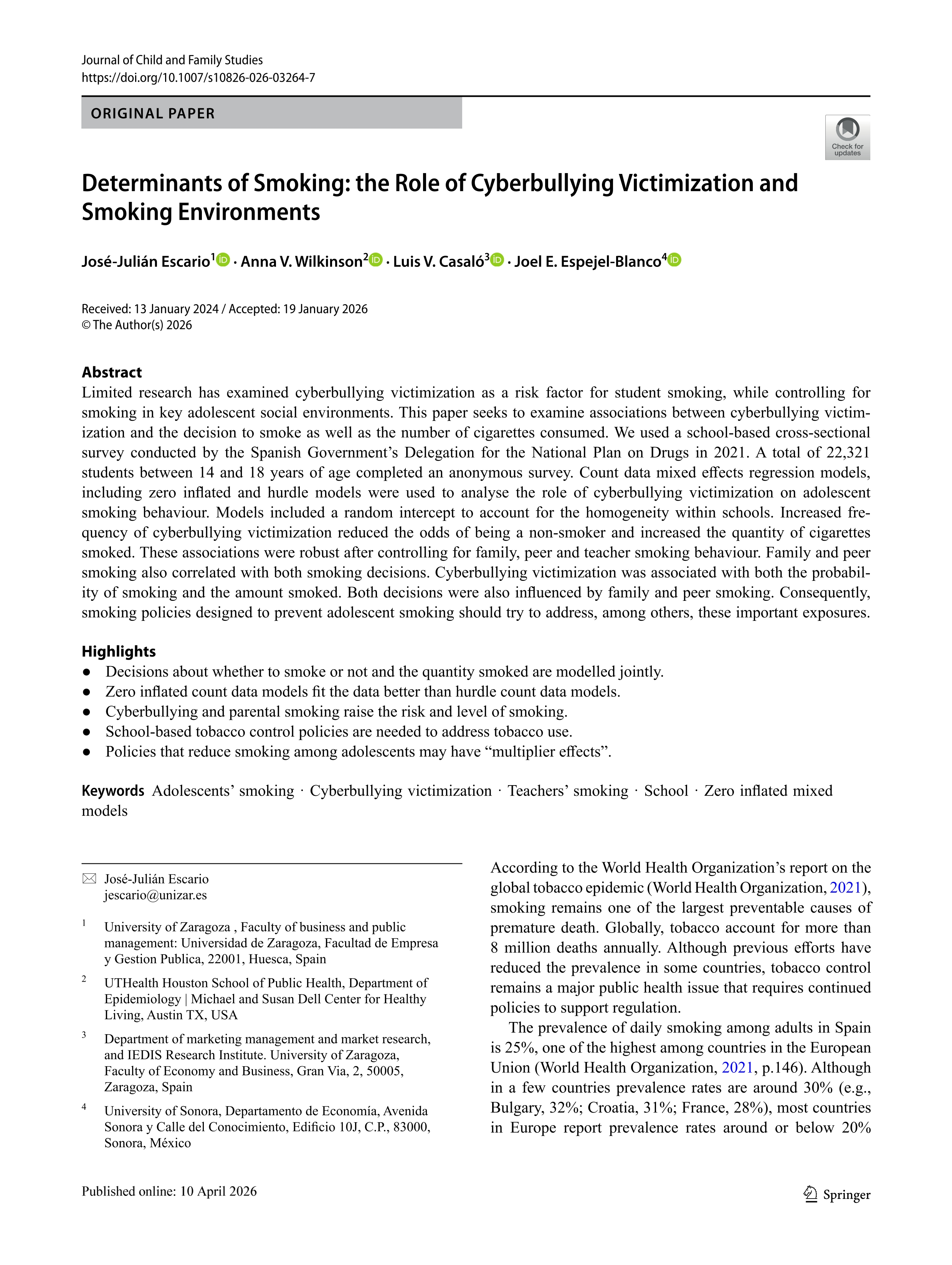 Determinants of smoking: the role of cyberbullying victimization and smoking environments