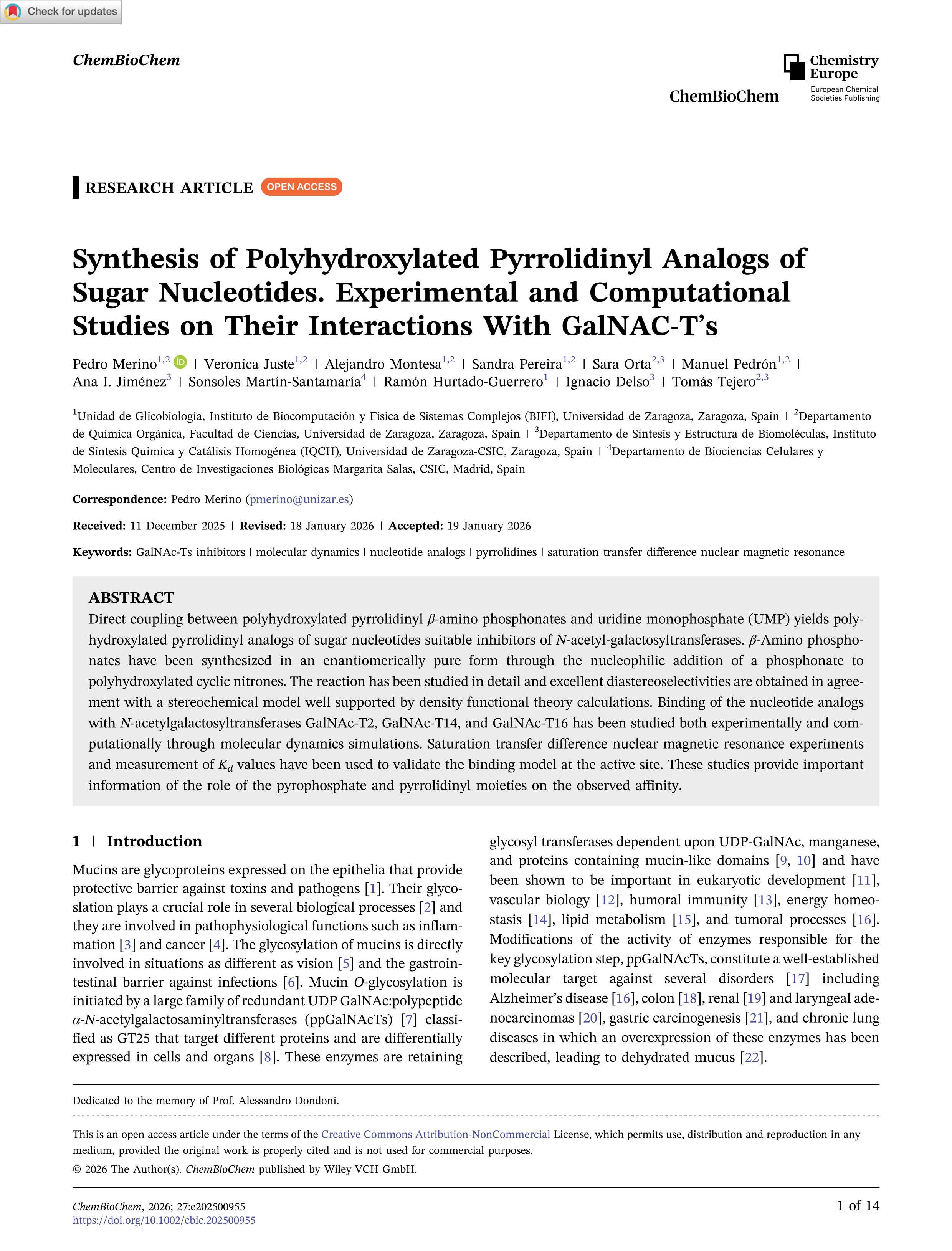 Synthesis of polyhydroxylated pyrrolidinyl analogs of sugar nucleotides. Experimental and computational studies on their interactions with GalNAC‐T's