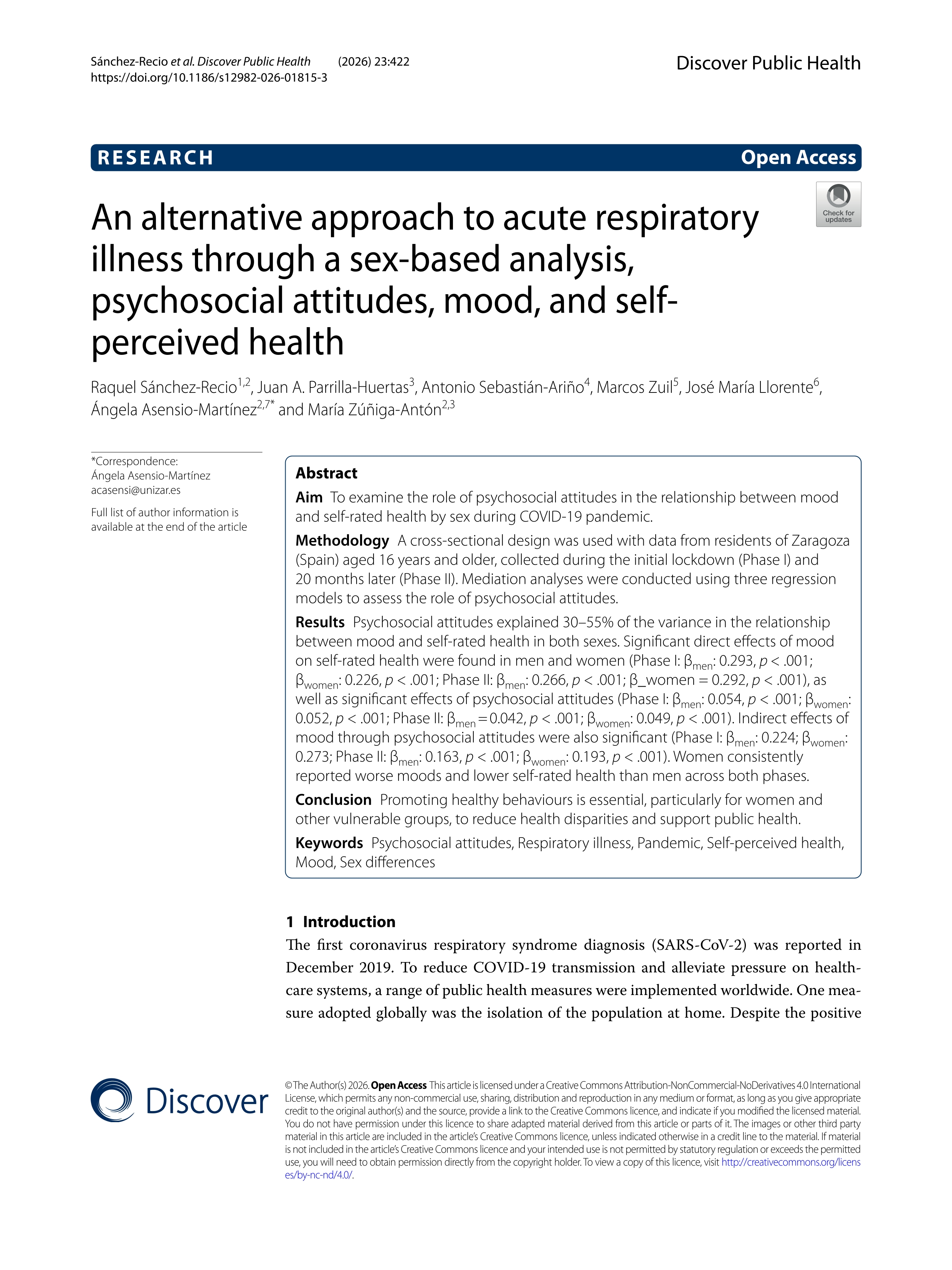 An alternative approach to acute respiratory illness through a sex-based analysis, psychosocial attitudes, mood, and self-perceived health