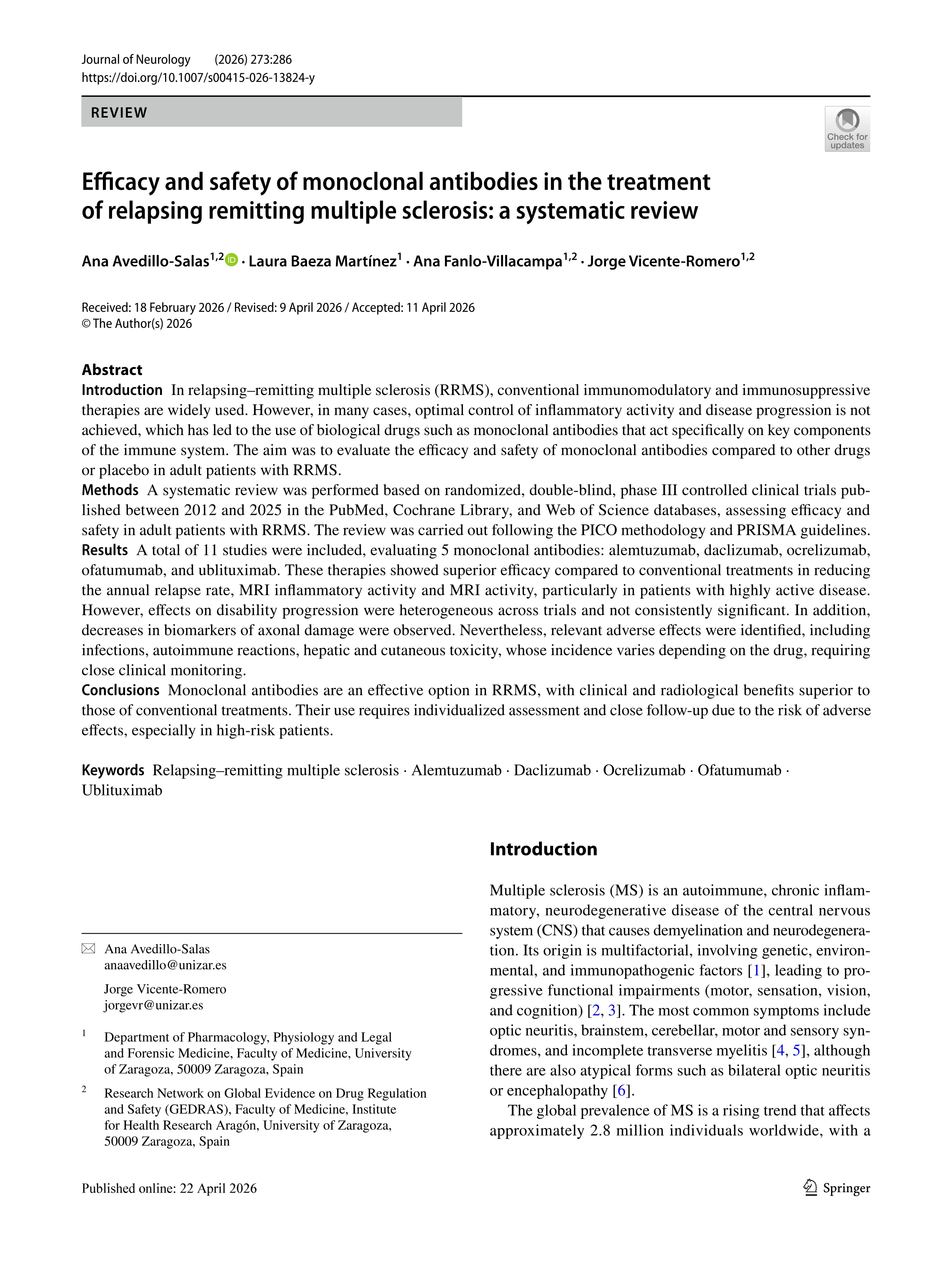 Efficacy and safety of monoclonal antibodies in the treatment of relapsing remitting multiple sclerosis: a systematic review