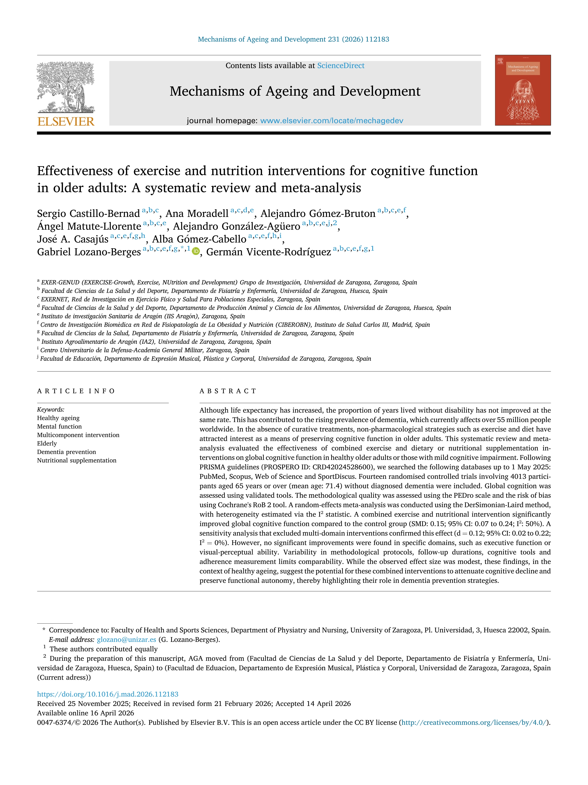 Effectiveness of exercise and nutrition interventions for cognitive function in older adults: A systematic review and meta-analysis