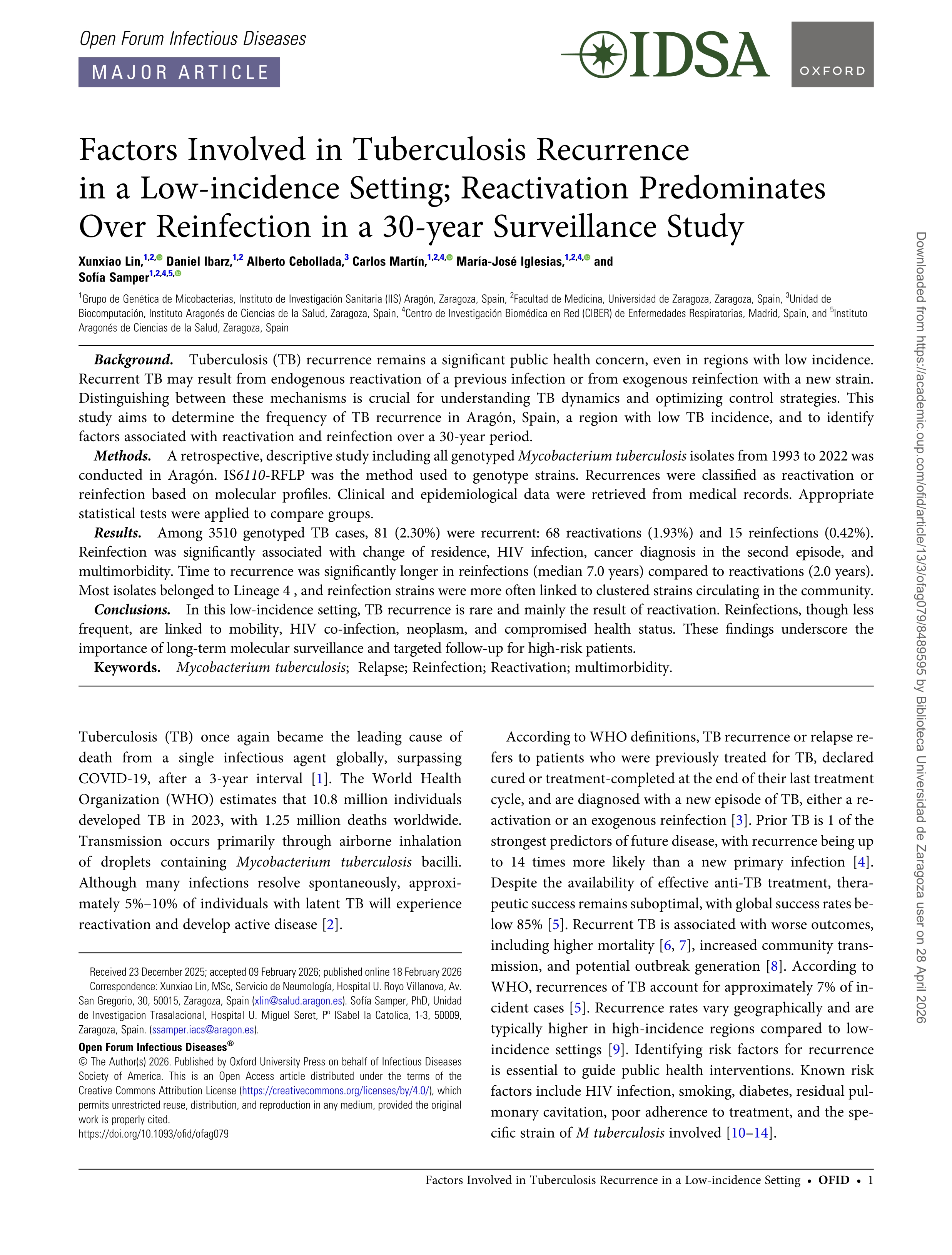 Factors Involved in Tuberculosis Recurrence in a Low-incidence Setting; Reactivation Predominates Over Reinfection in a 30-year Surveillance Study