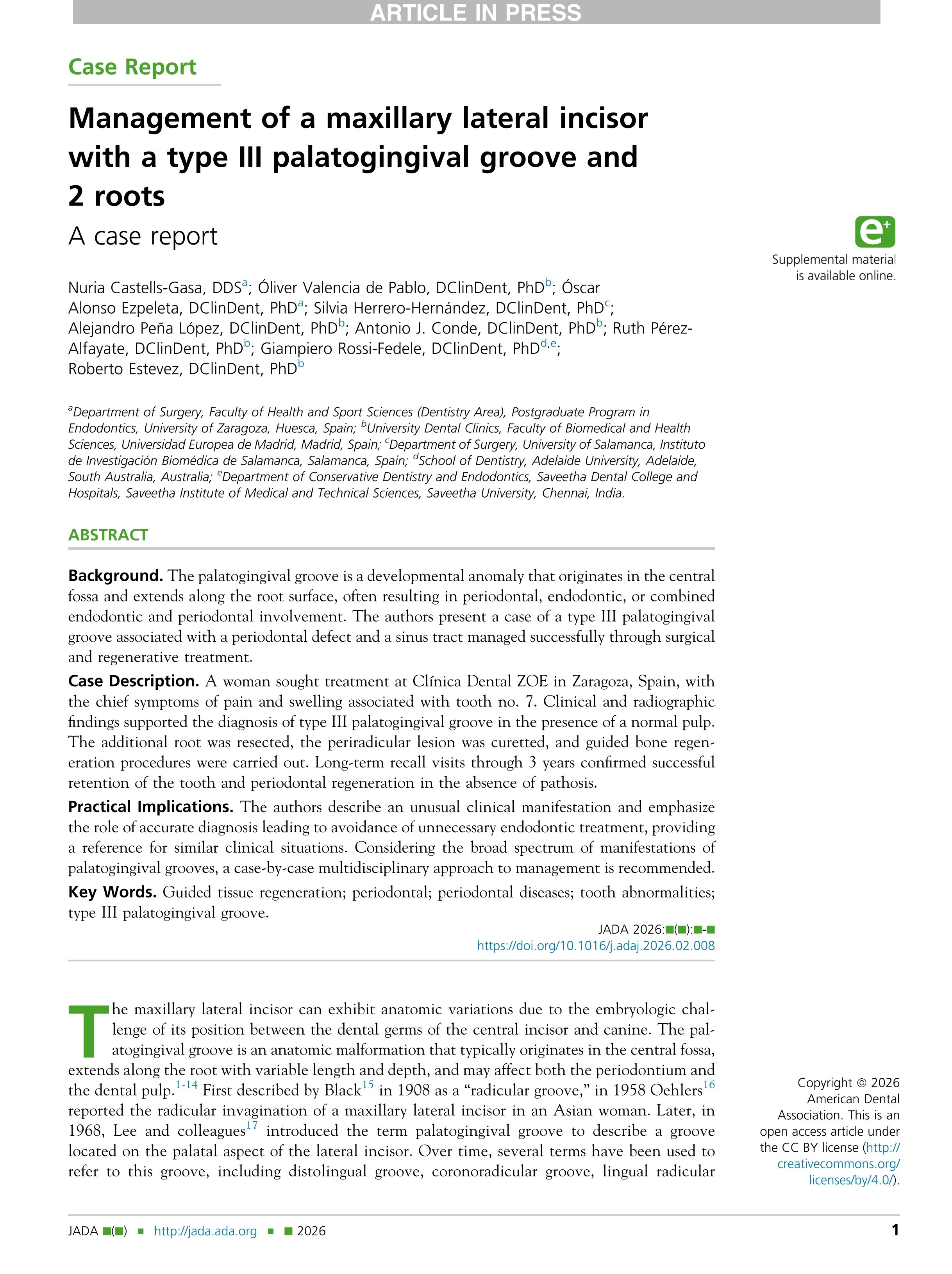 Management of a maxillary lateral incisor with a type III palatogingival groove and 2 roots