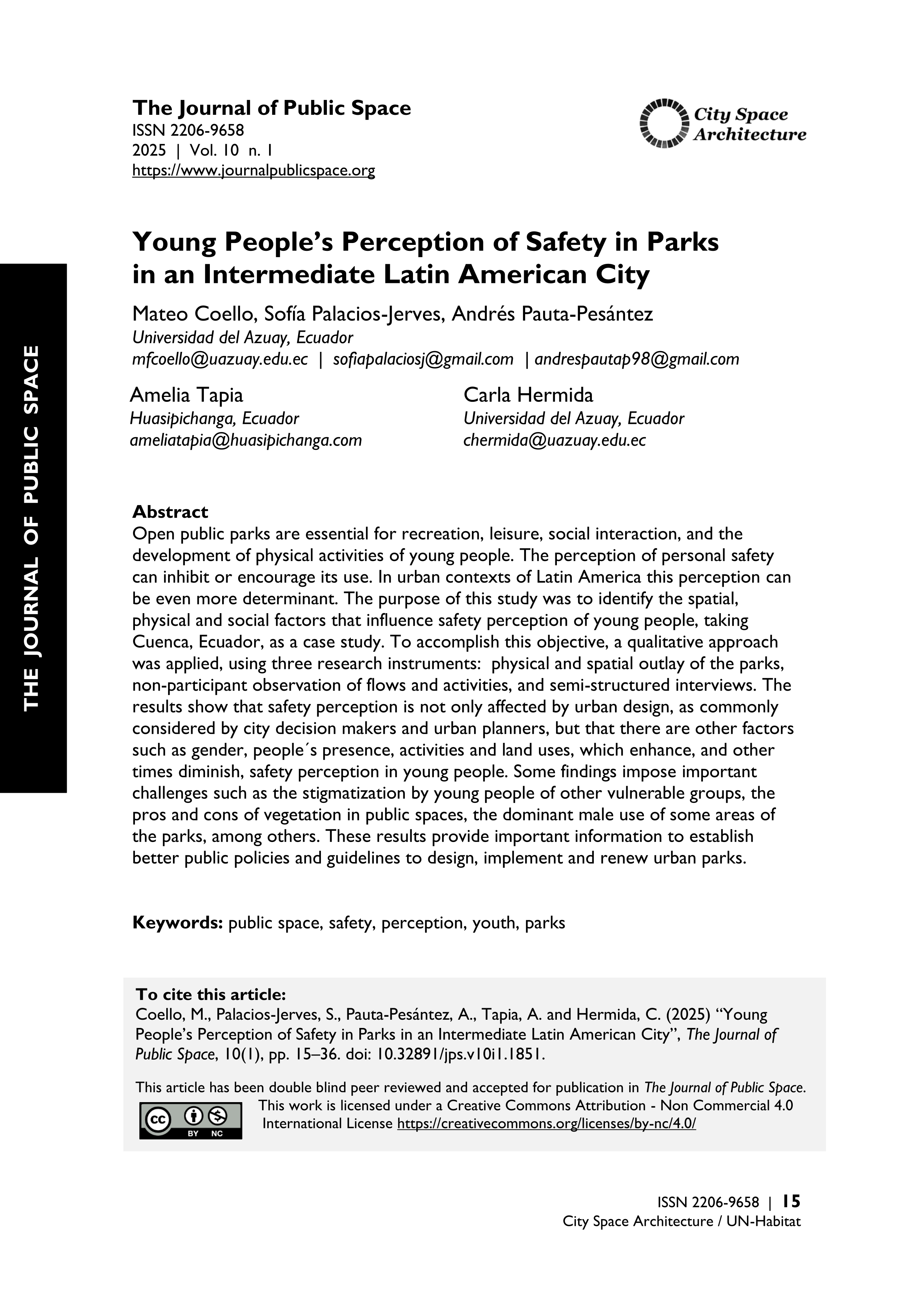 Young People’s Perception of Safety in Parks in an Intermediate Latin American City