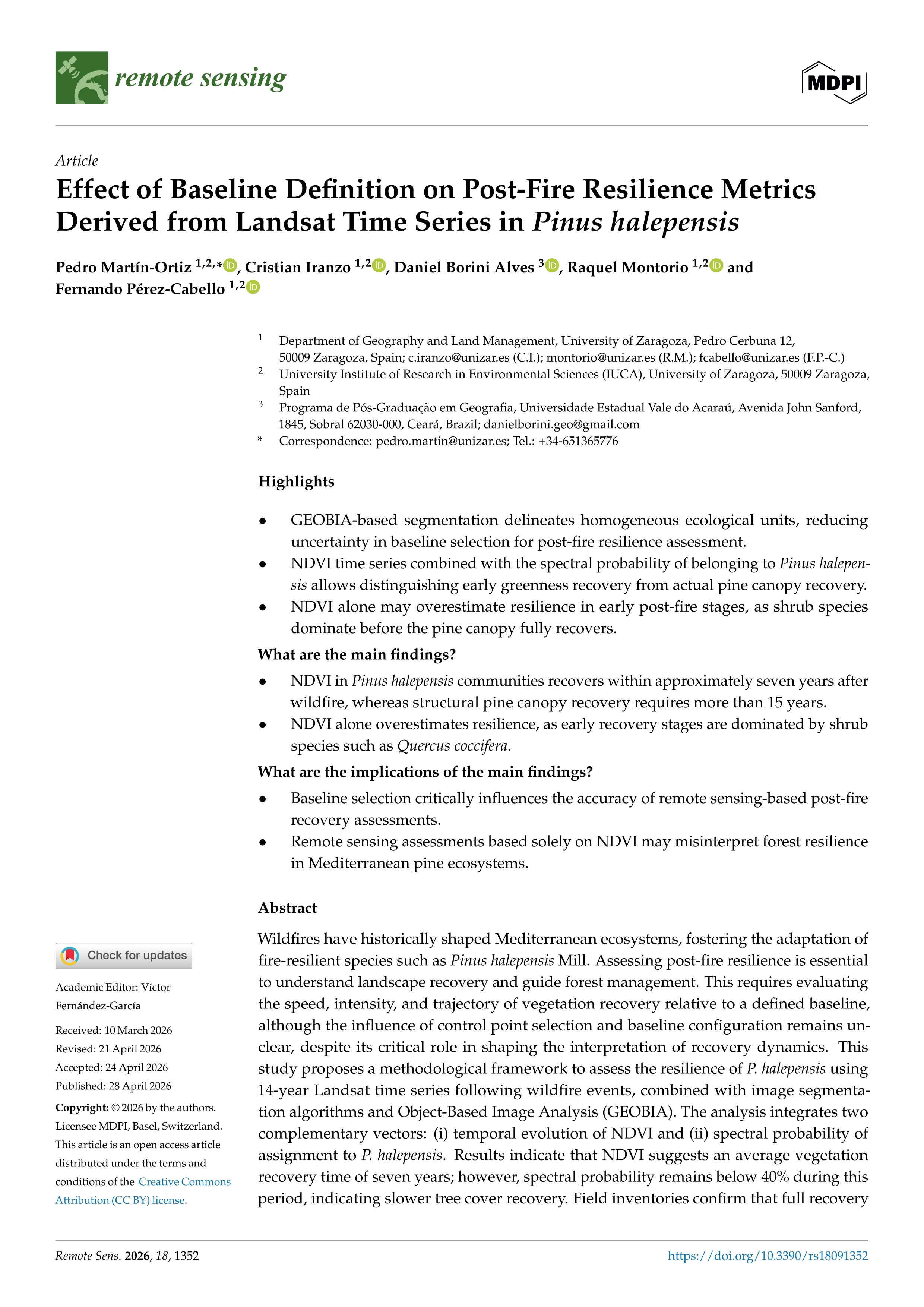 Effect of Baseline Definition on Post-Fire Resilience Metrics Derived from Landsat Time Series in Pinus halepensis